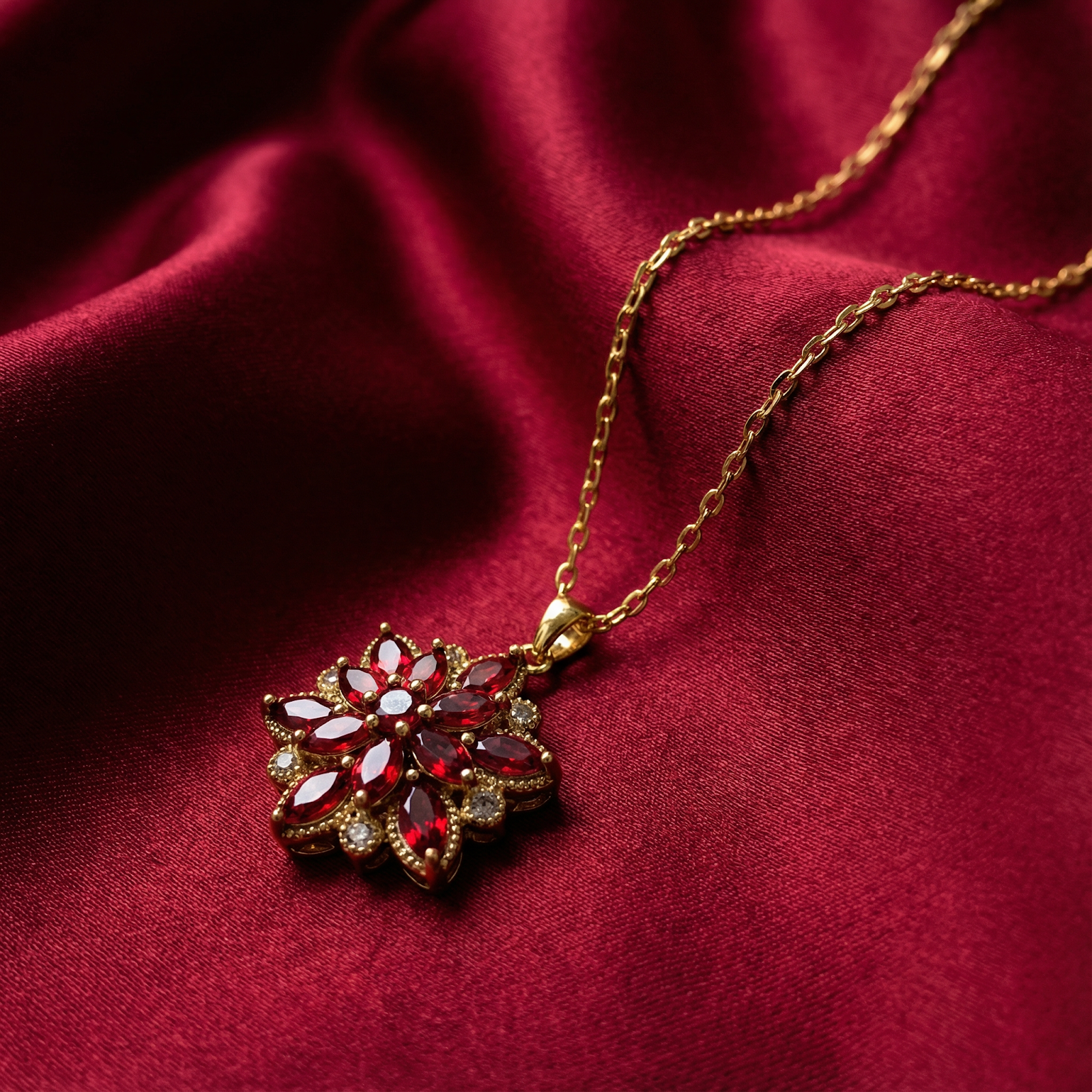 Angled view of the gold-finished simulated ruby flower pendant and chain on red satin fabric.