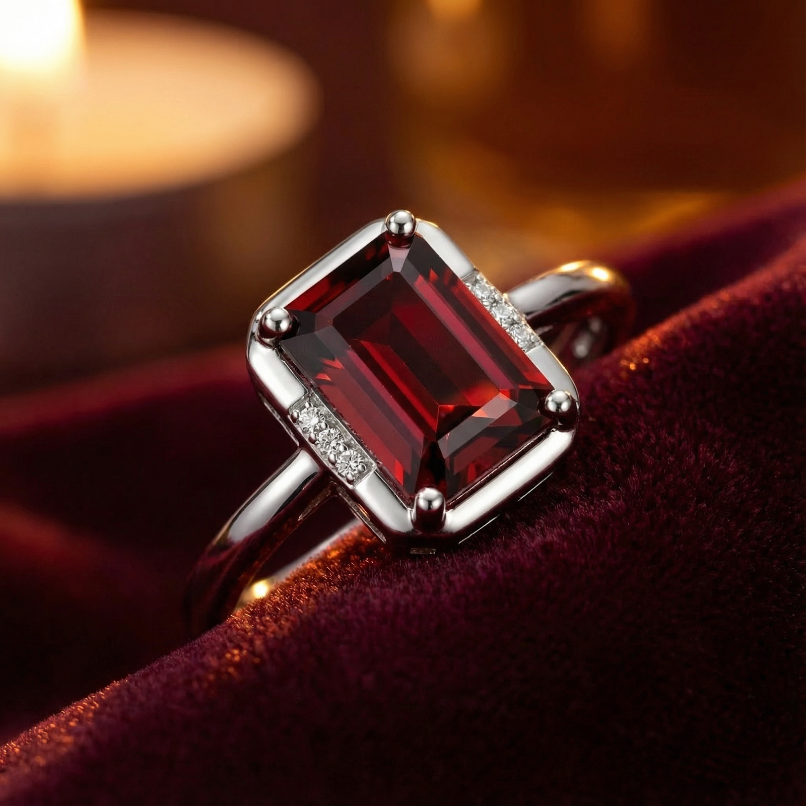 Macro detail of the emerald-cut simulated garnet and S925 sterling silver setting resting on deep red velvet.