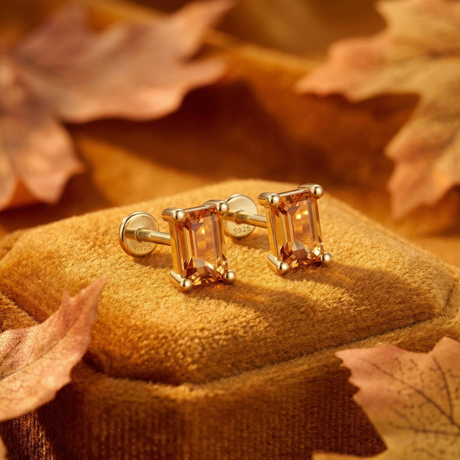 Baguette-cut simulated topaz stud earrings in 18K gold vermeil on a velvet surface with autumn leaves.