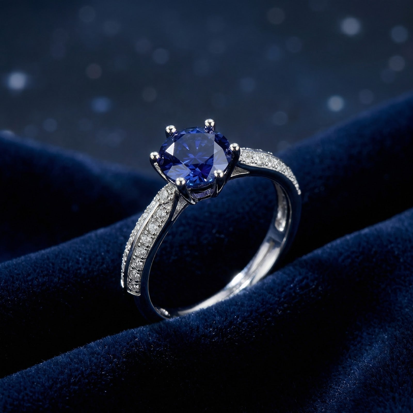 Round cut simulated sapphire solitaire ring in S925 sterling silver on a dark blue velvet background.
