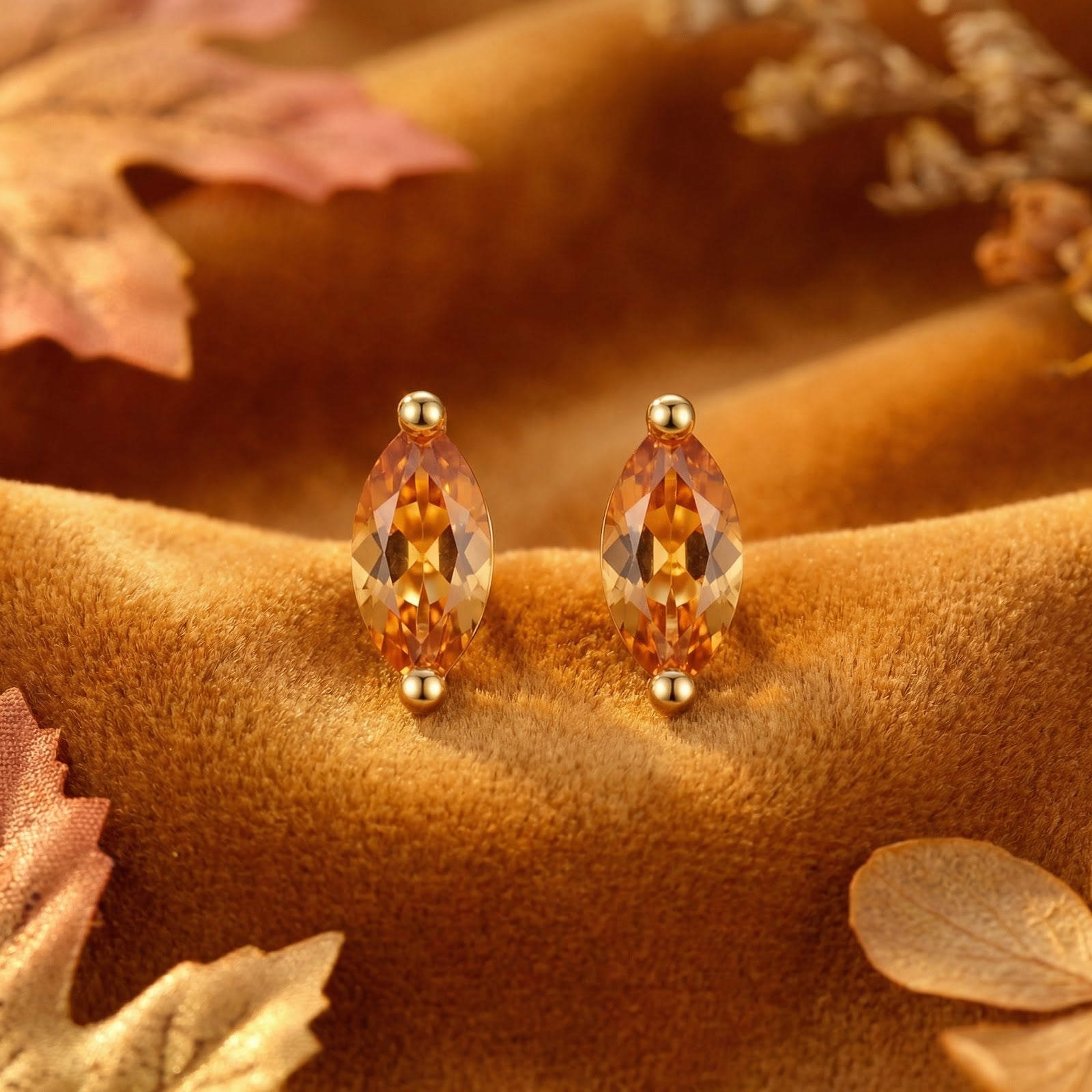 Close-up of marquise-cut golden simulated topaz earrings in 18K gold vermeil settings on brown fabric.