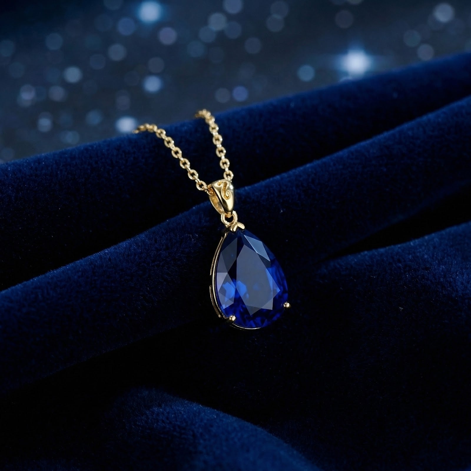 Angled view of an 18K gold vermeil necklace with a pear-cut simulated blue sapphire on blue velvet.