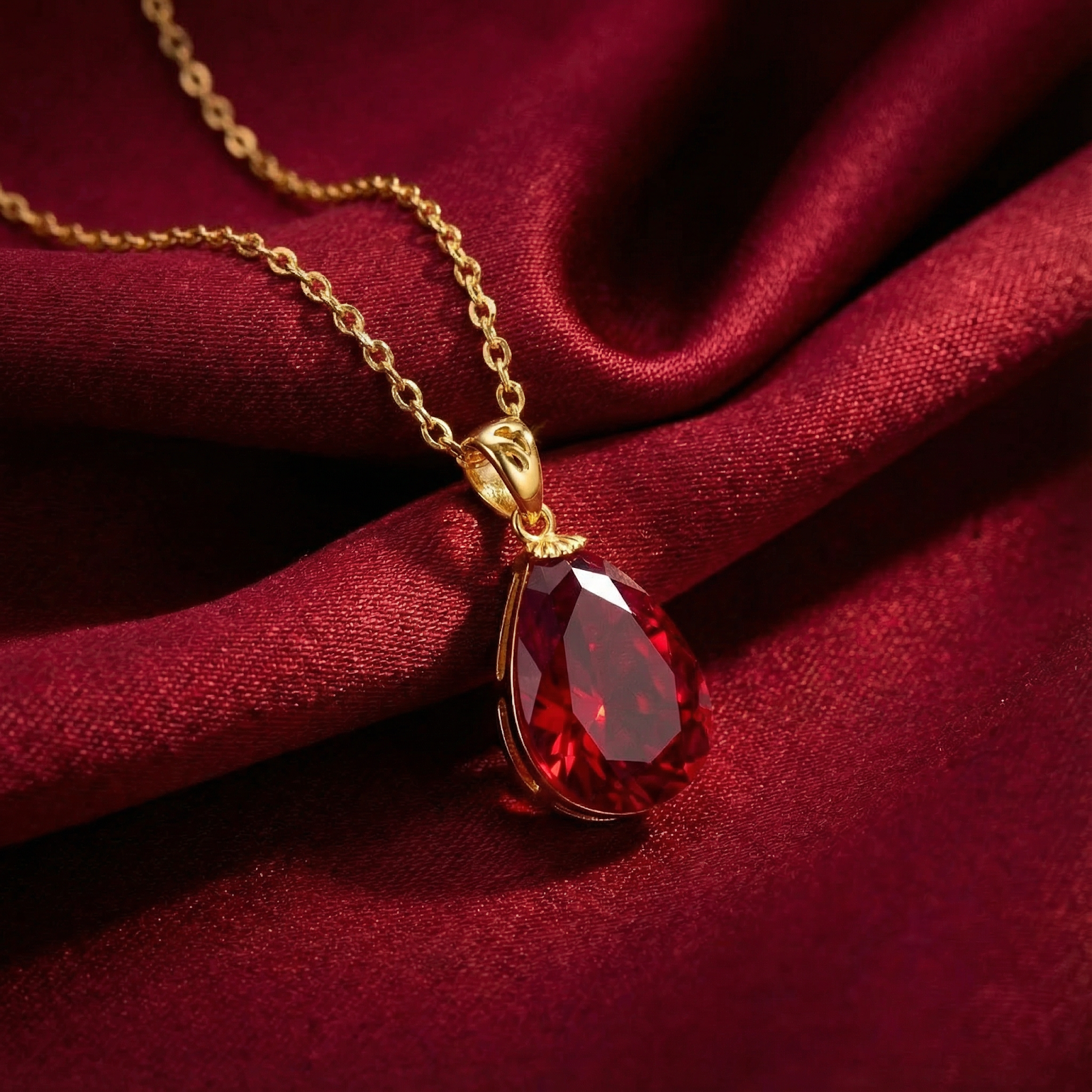 Pear cut simulated ruby necklace in 18K gold vermeil resting on elegant red silk fabric.