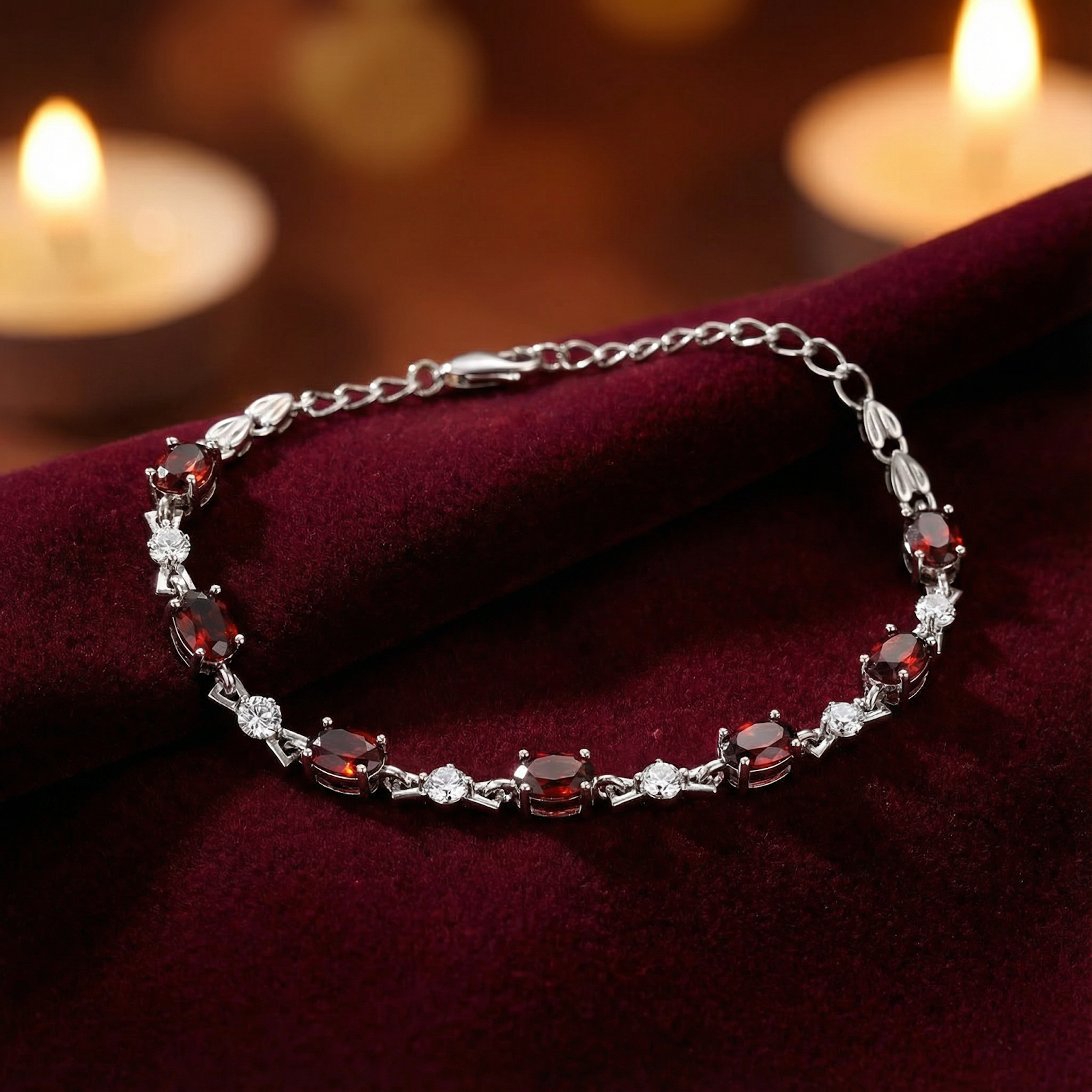 Sterling silver tennis bracelet with oval cut simulated garnets on red velvet with blurred candles.