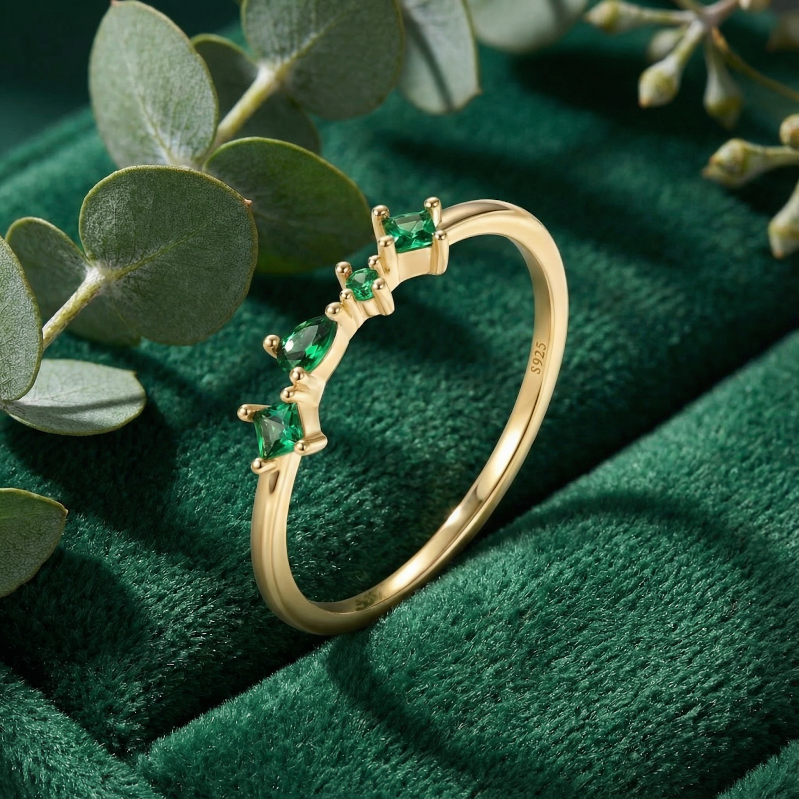 Eldora gold vermeil ring with pear and princess cut simulated emeralds on green velvet with eucalyptus.