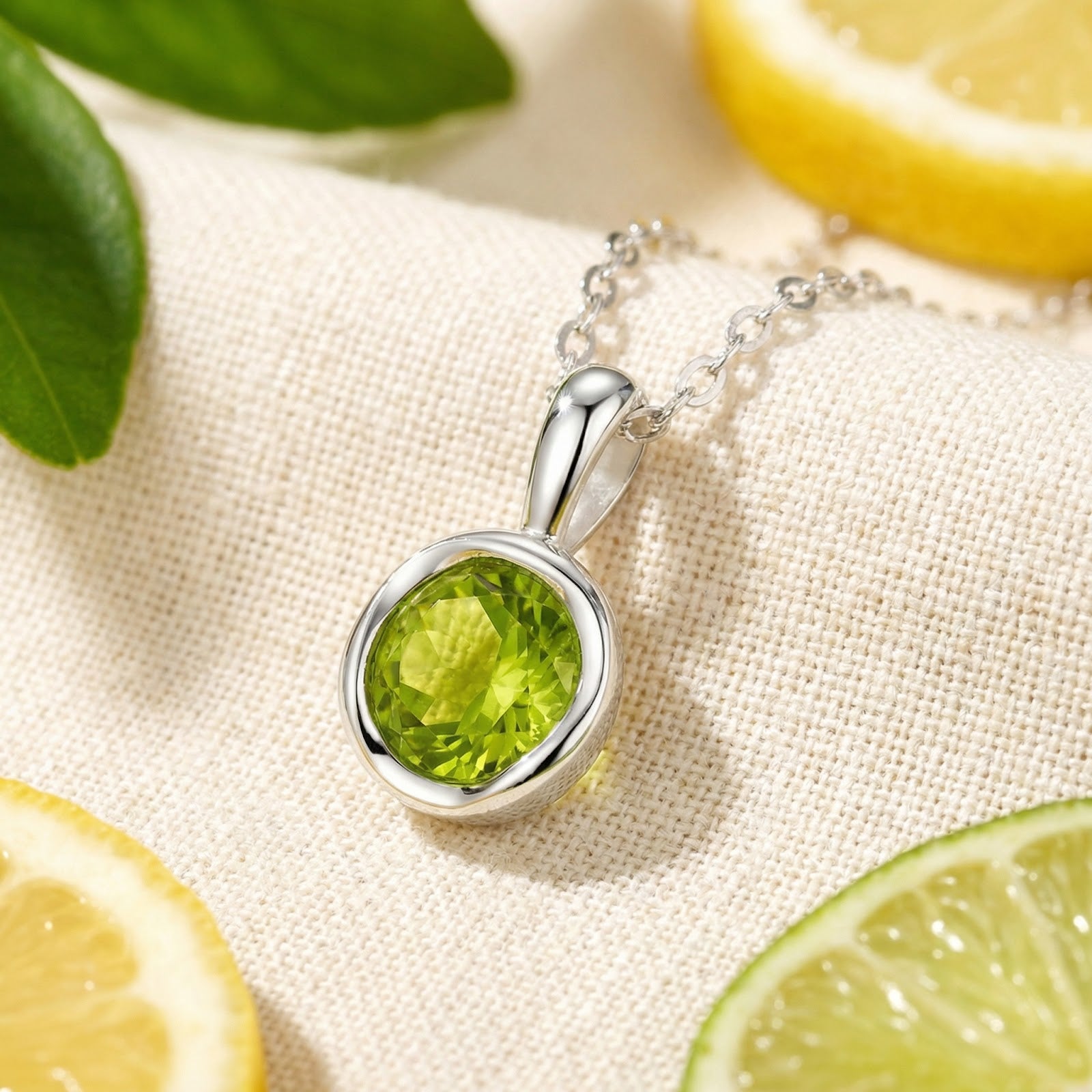 Round-cut simulated peridot pendant in S925 sterling silver bezel, styled on fabric with citrus slices.
