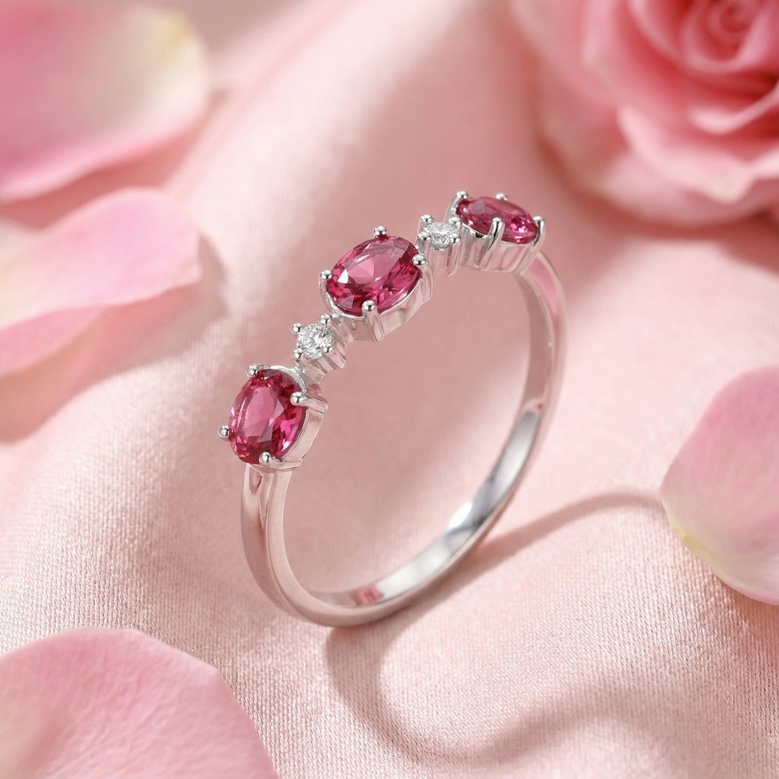 Macro view of the Aurelissa S925 sterling silver bypass ring showing oval-cut simulated pink tourmaline stones.