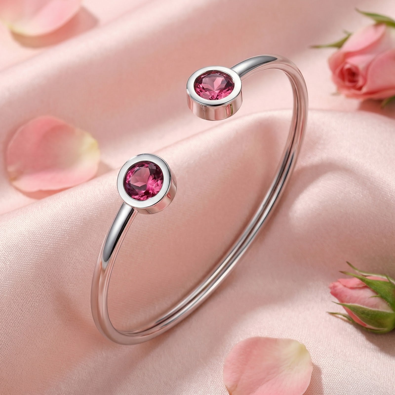 Silver stainless steel Lyrielle cuff bracelet with round pink tourmaline stones on pink fabric with rose petals.