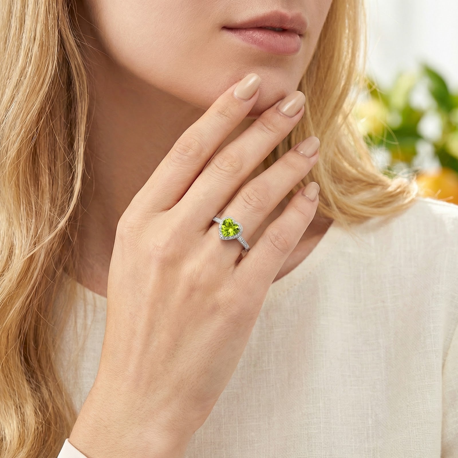 Model wearing the heart-cut simulated peridot sterling silver ring on her finger, paired with a white linen top.