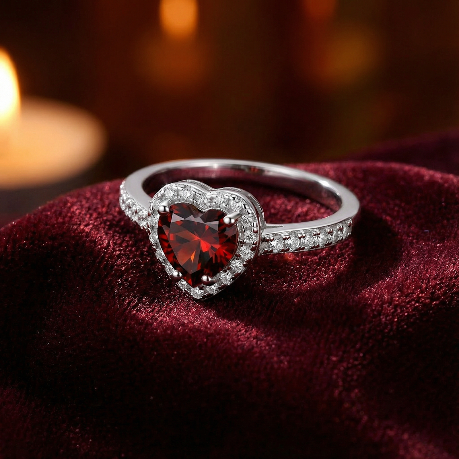 Macro shot of the heart-cut simulated garnet and halo setting on a S925 sterling silver band.
