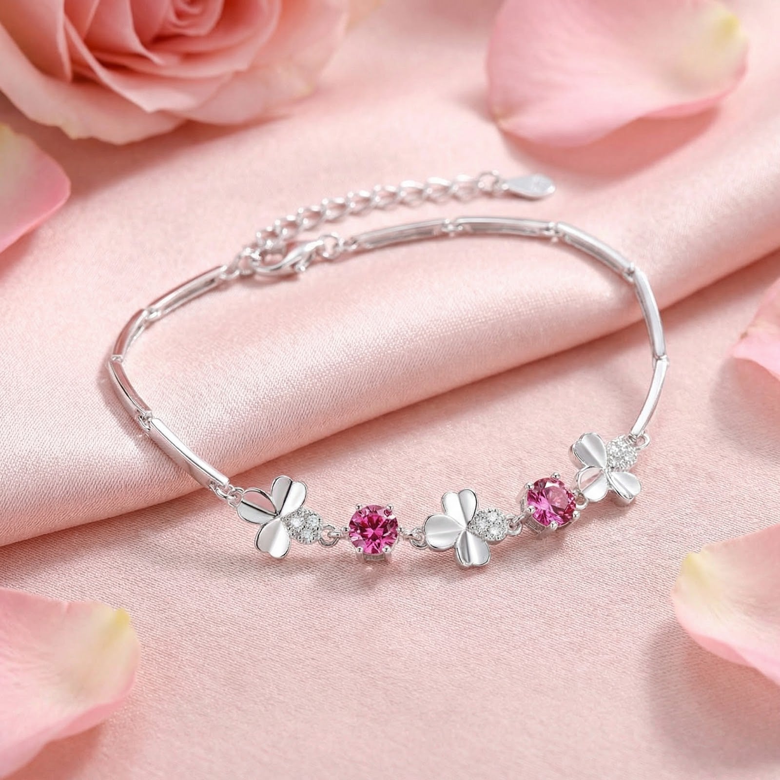 Sterling silver clover bracelet with round pink tourmaline stones on pink satin with rose petals.