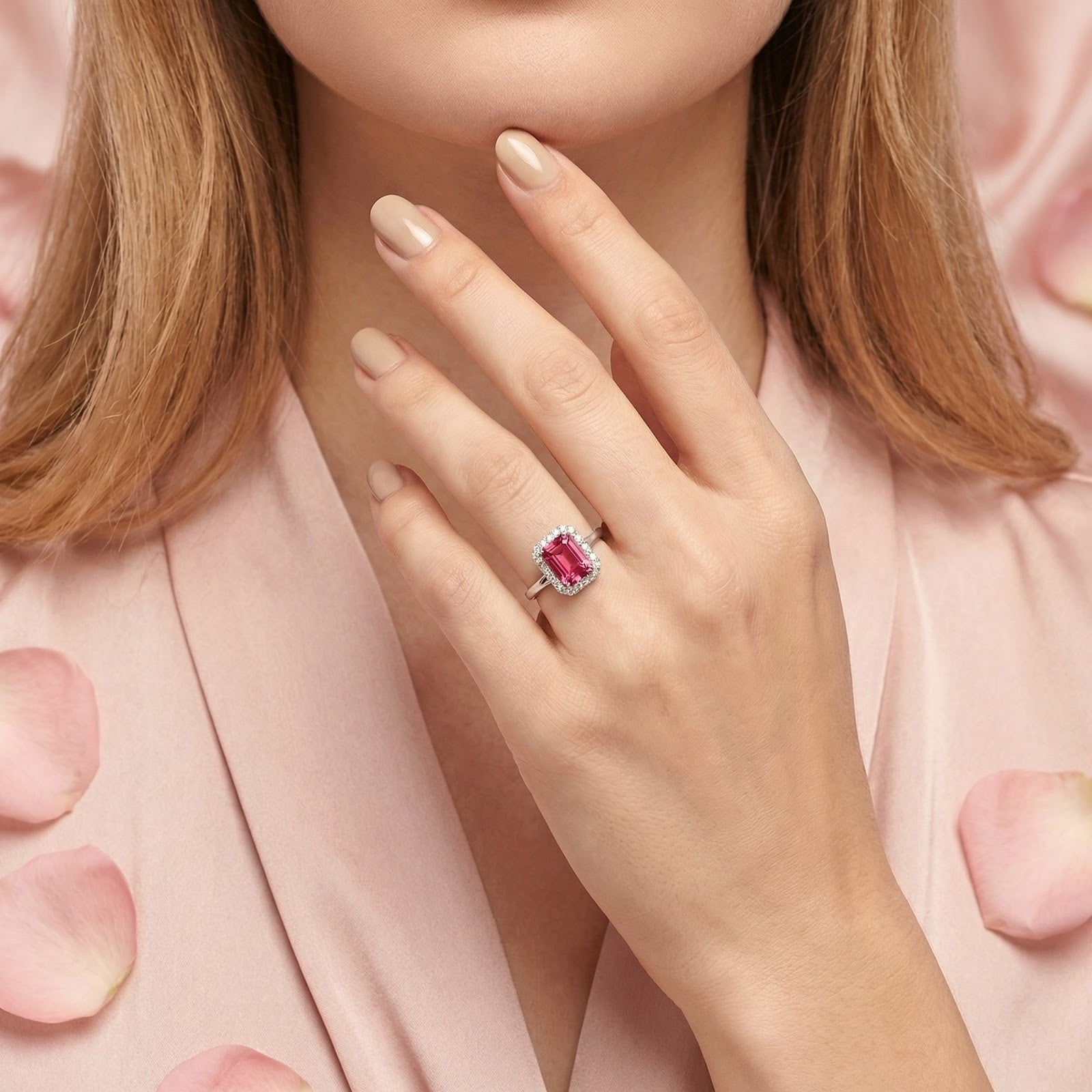 Model wearing the octagon pink tourmaline sterling silver ring on her finger with a pink outfit.