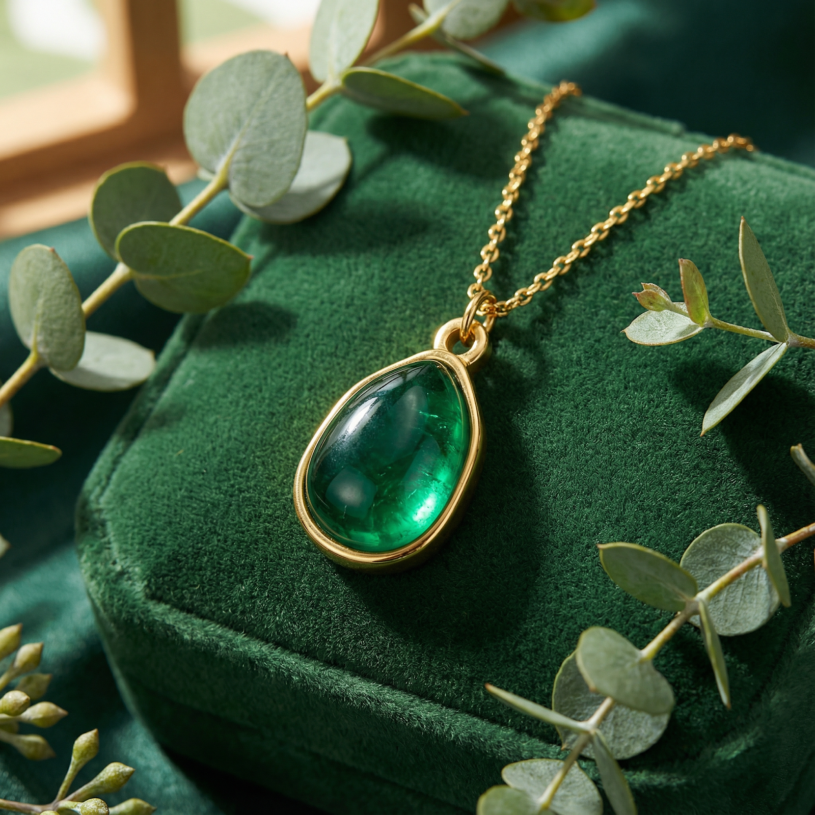 Gold stainless steel necklace with a pear-cut simulated emerald on a green velvet box with eucalyptus leaves.