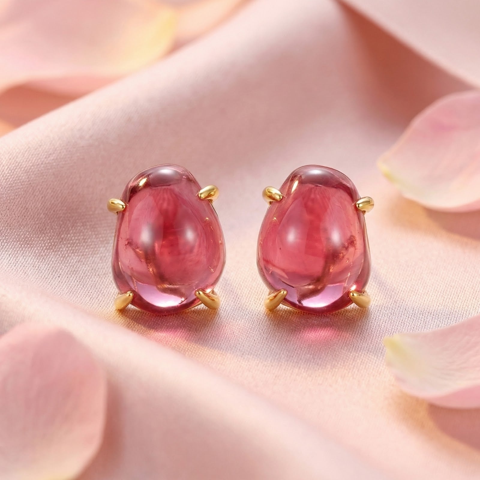 Front view of teardrop simulated pink tourmaline stud earrings in 18K gold vermeil on pink silk with petals.