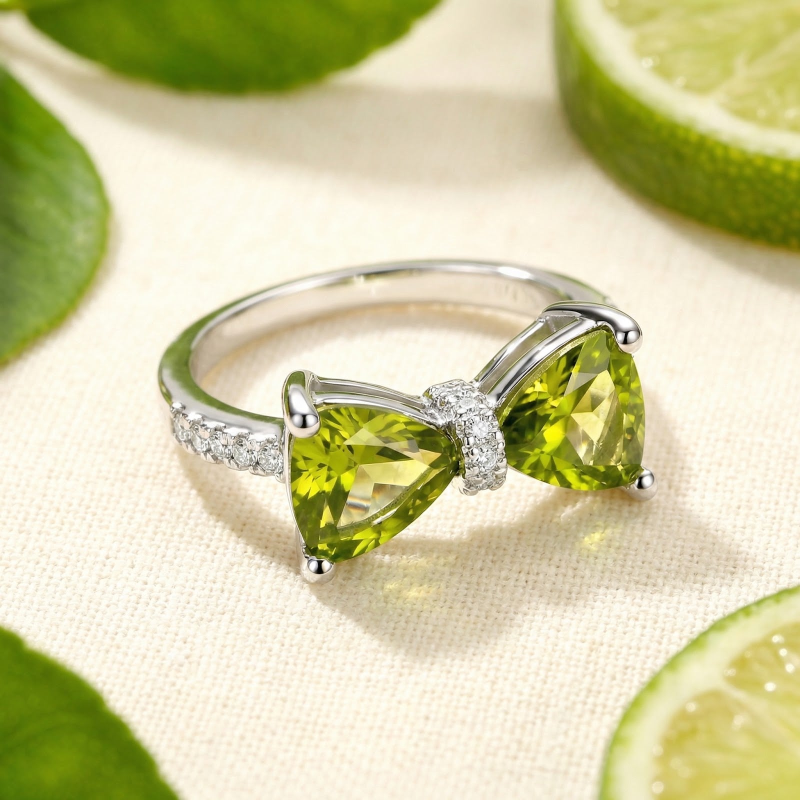 Macro view of a sterling silver bow ring featuring dual trillion-cut simulated peridots and pave-set accents.