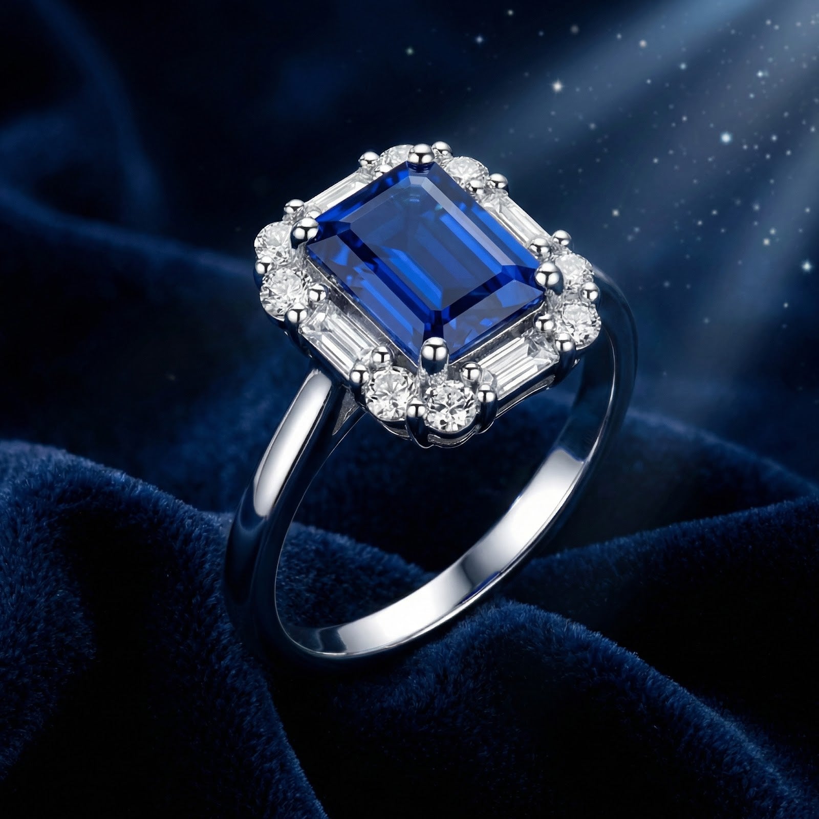 Angled view of the octagon-cut simulated sapphire sterling silver ring with a halo and baguette accents on blue velvet.