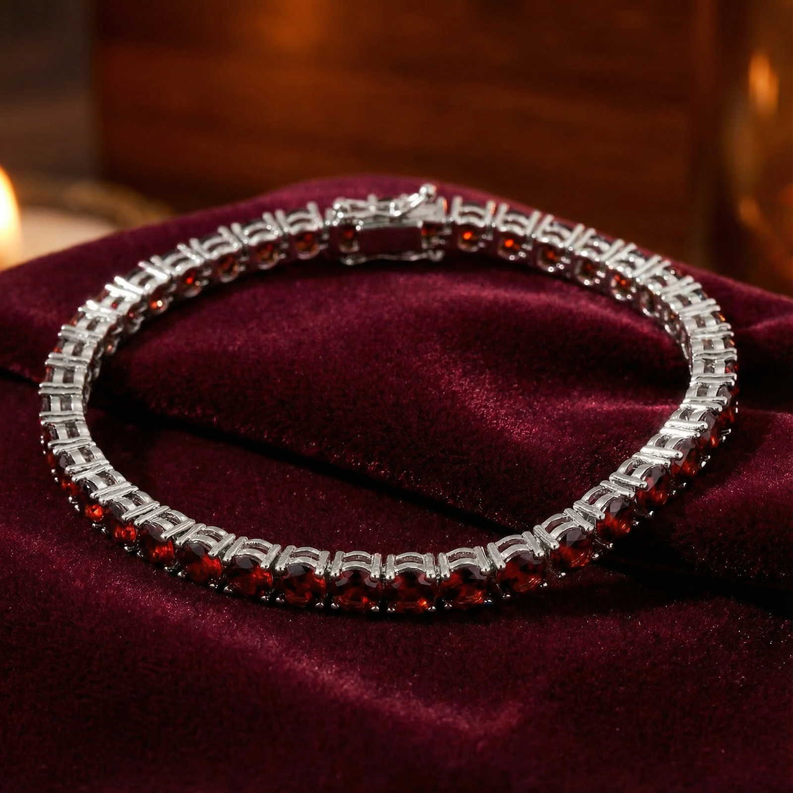 Stainless steel tennis bracelet with round-cut red simulated garnets displayed on dark red velvet.