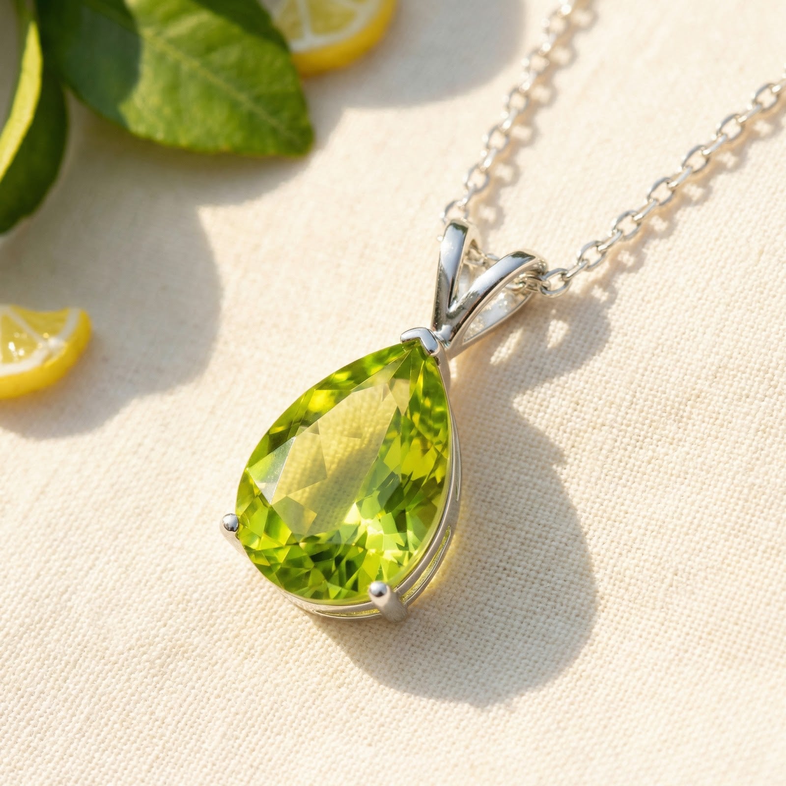 Close-up detail of a 1.5CT pear-cut green moissanite necklace in a sterling silver prong setting.