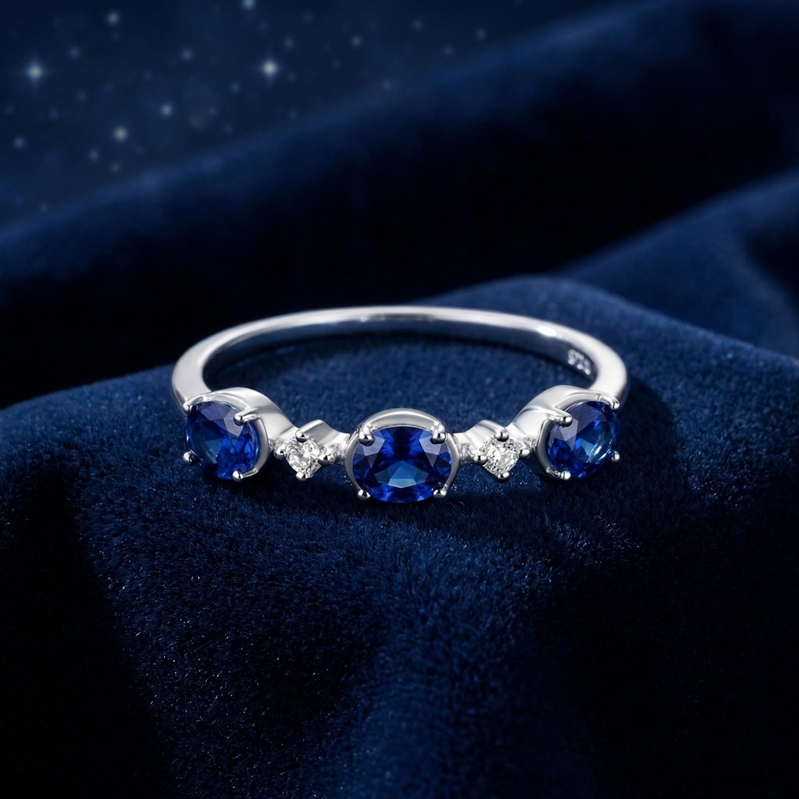 Nerisara bypass ring in S925 sterling silver with round blue sapphires on a dark blue velvet background.