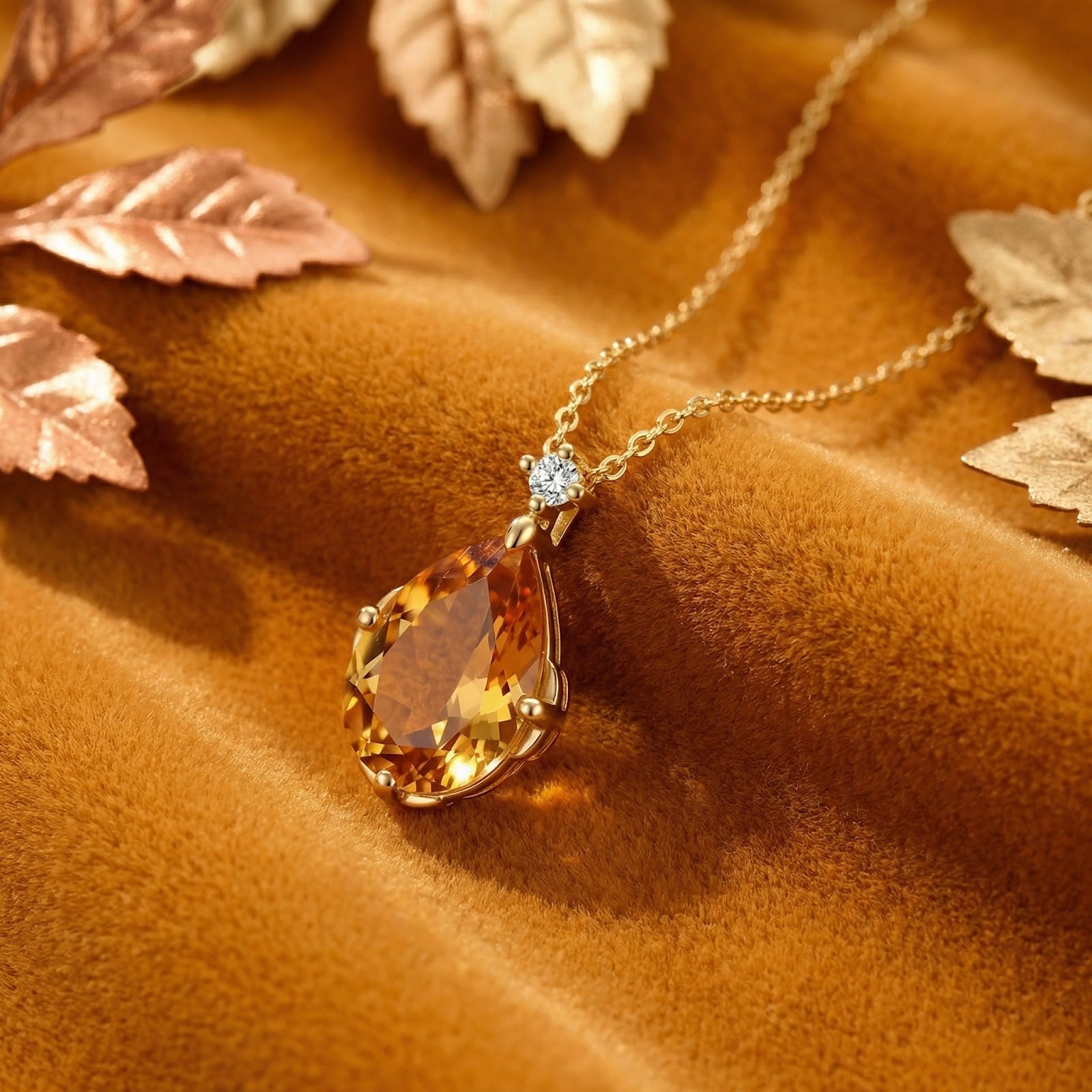 Pear-cut honeyed simulated topaz necklace in 18K gold vermeil on a warm velvet background with autumn leaves.