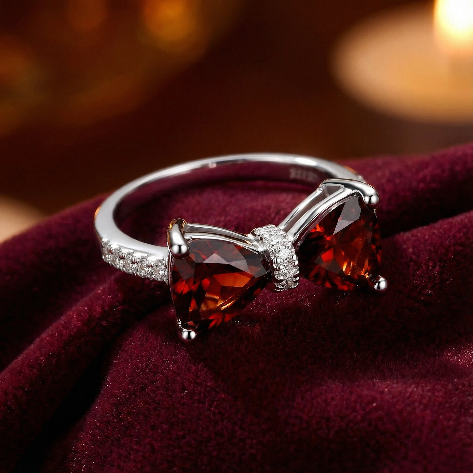 Close-up view of the trillion cut red simulated garnets and pavé setting on the sterling silver bow ring.