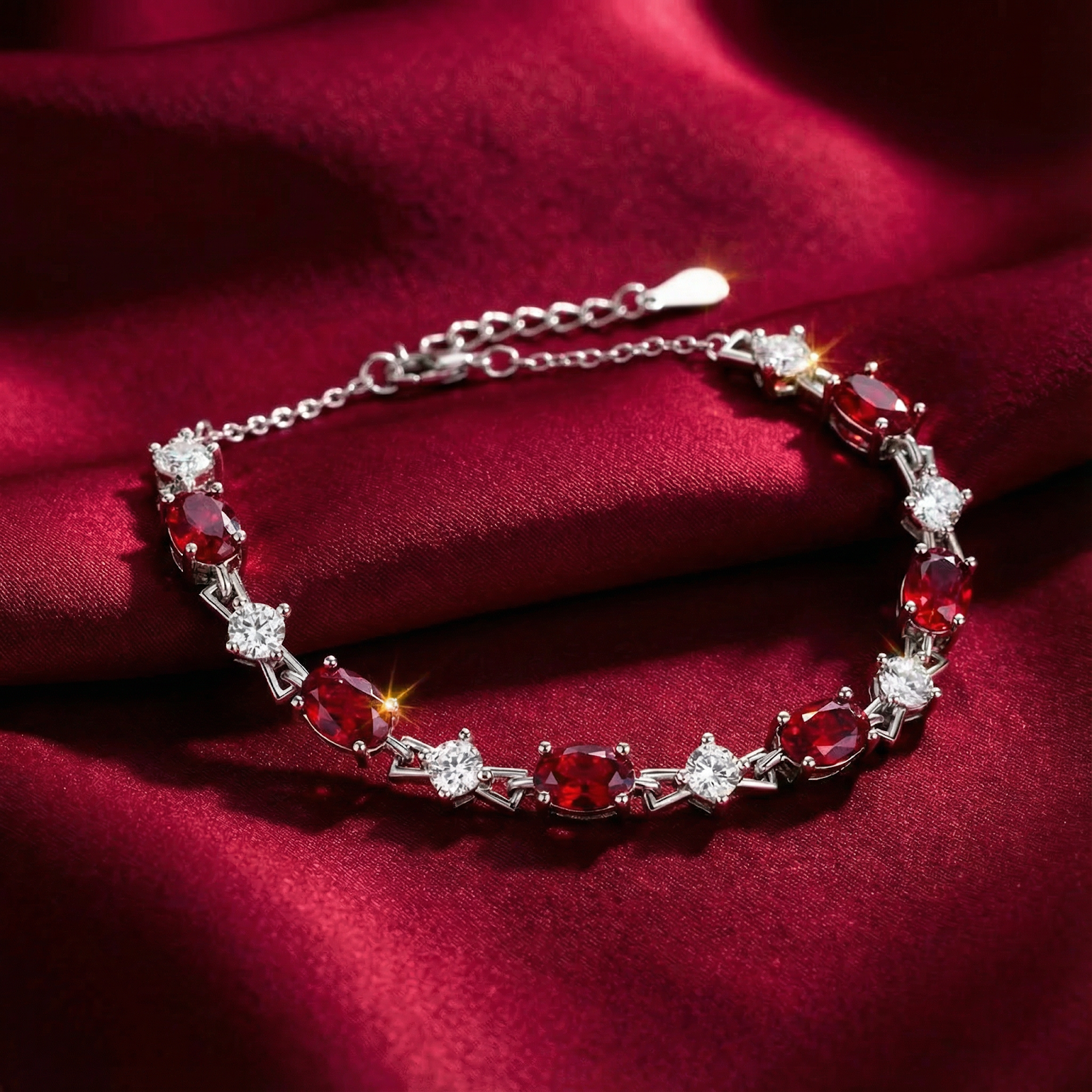Oval-cut simulated ruby station bracelet in sterling silver displayed on a draped red satin background.
