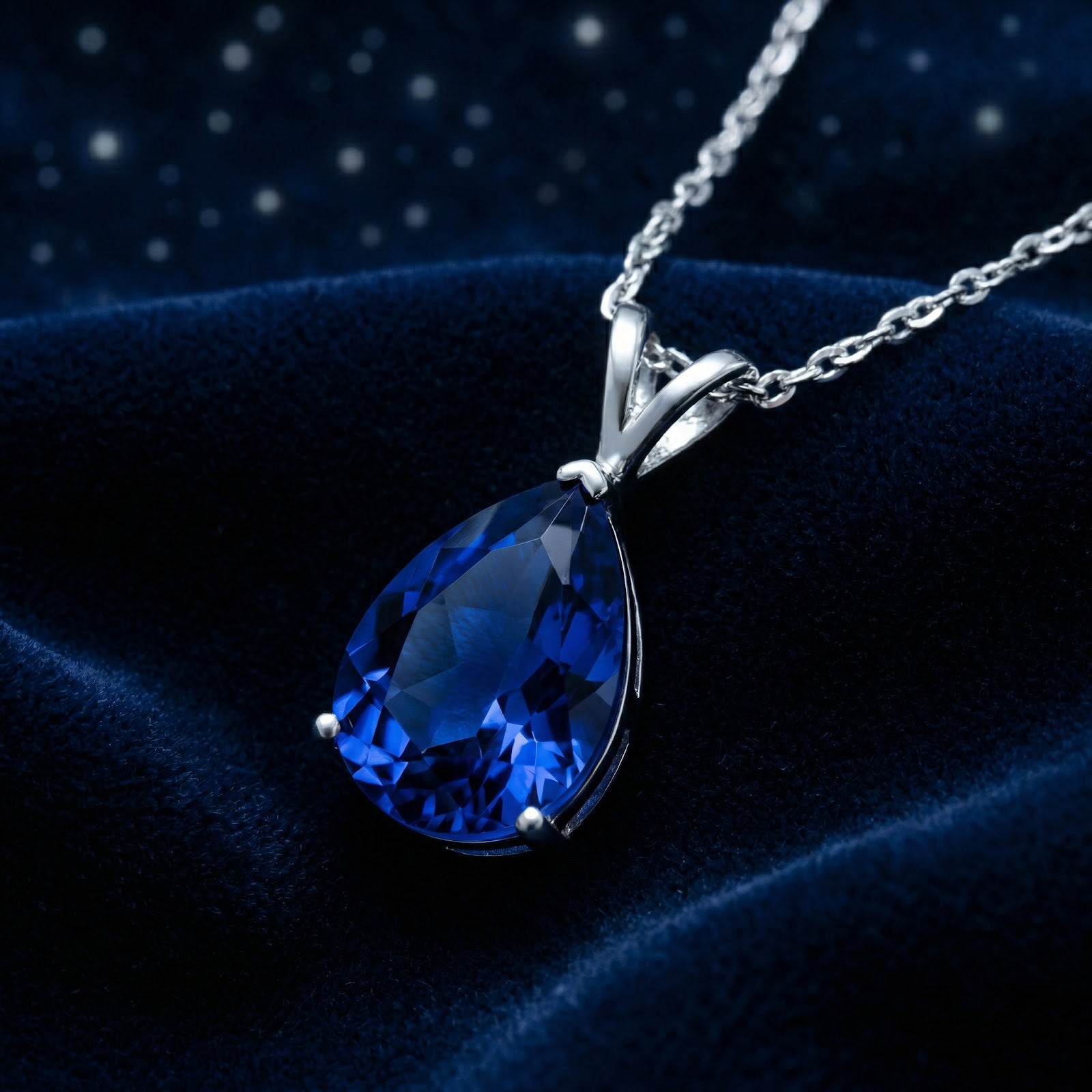 Macro view of a pear cut simulated sapphire pendant in a sterling silver setting showing deep blue facets.
