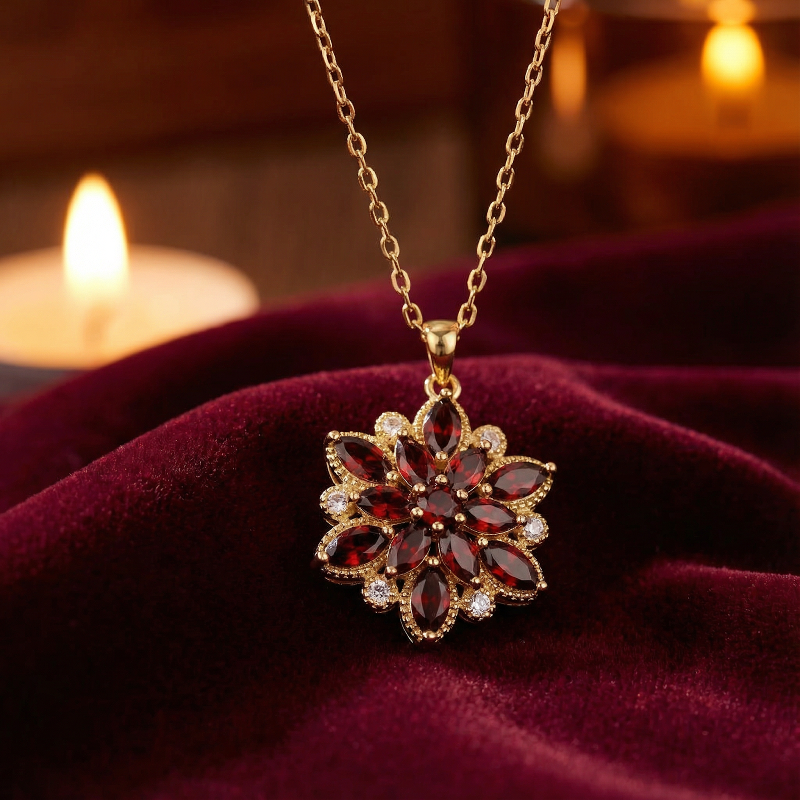 Front view of the gold finished stainless steel flower pendant with marquise-cut simulated red garnets.