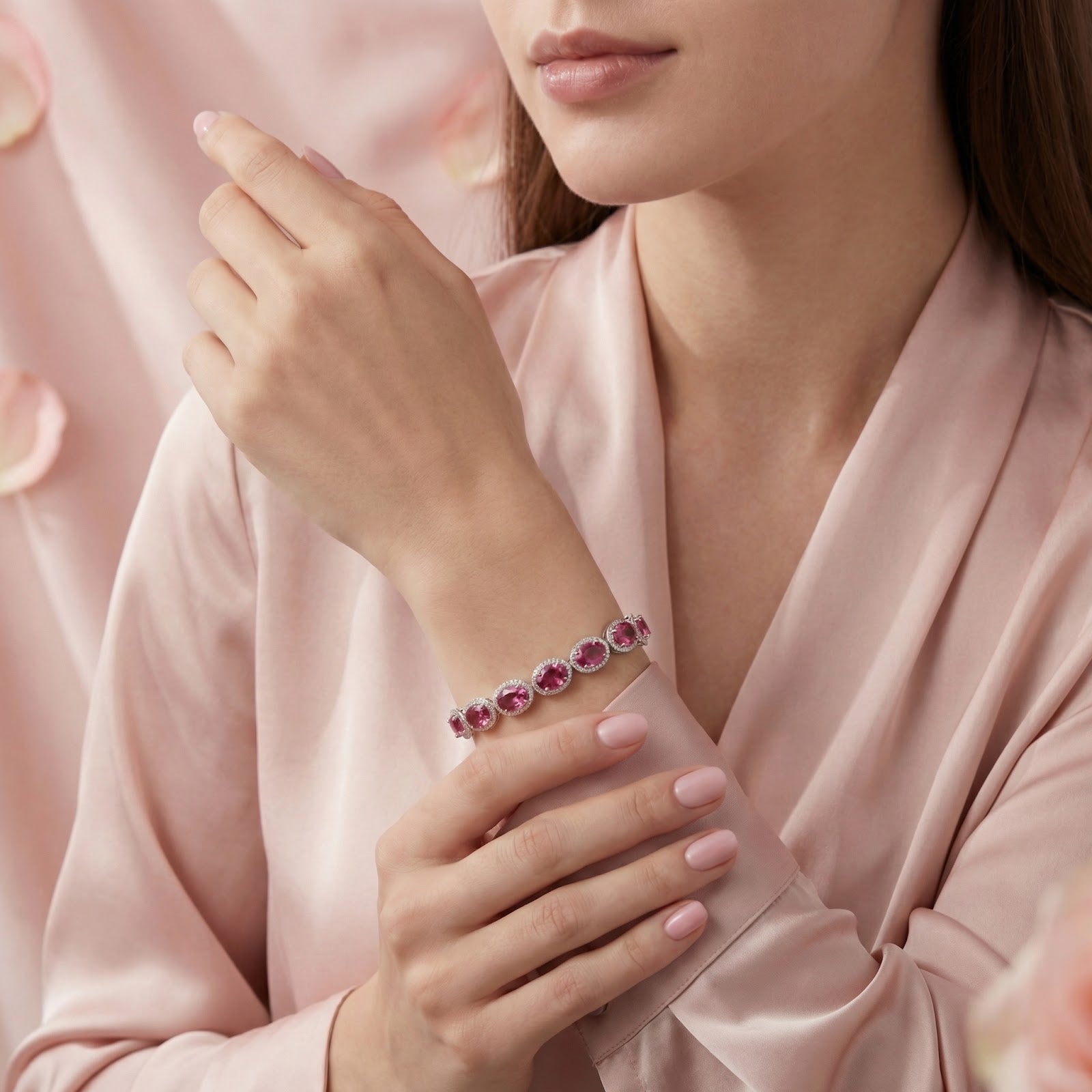 Sterling silver bracelet with oval pink tourmaline stones worn on a model's wrist over pink silk.