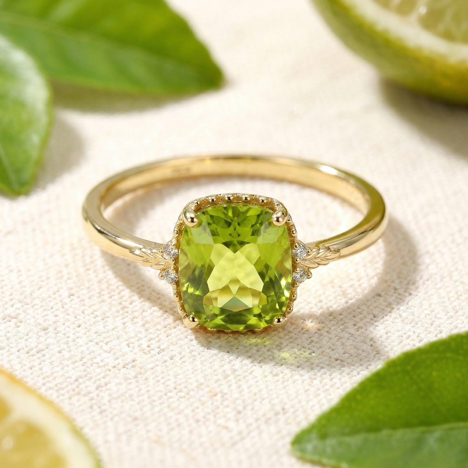Cushion cut simulated peridot ring in 18K gold vermeil on a textured surface with citrus leaves.