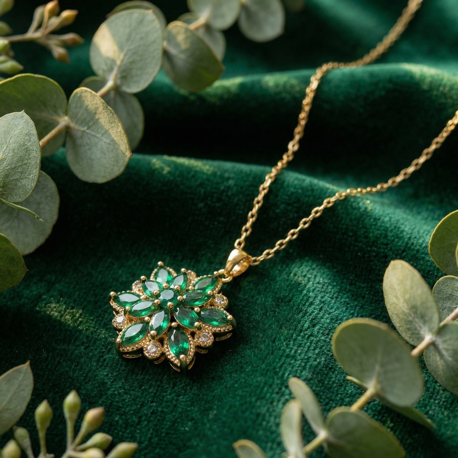 Gold-finished stainless steel necklace with a marquise-cut simulated emerald floral pendant on green velvet.