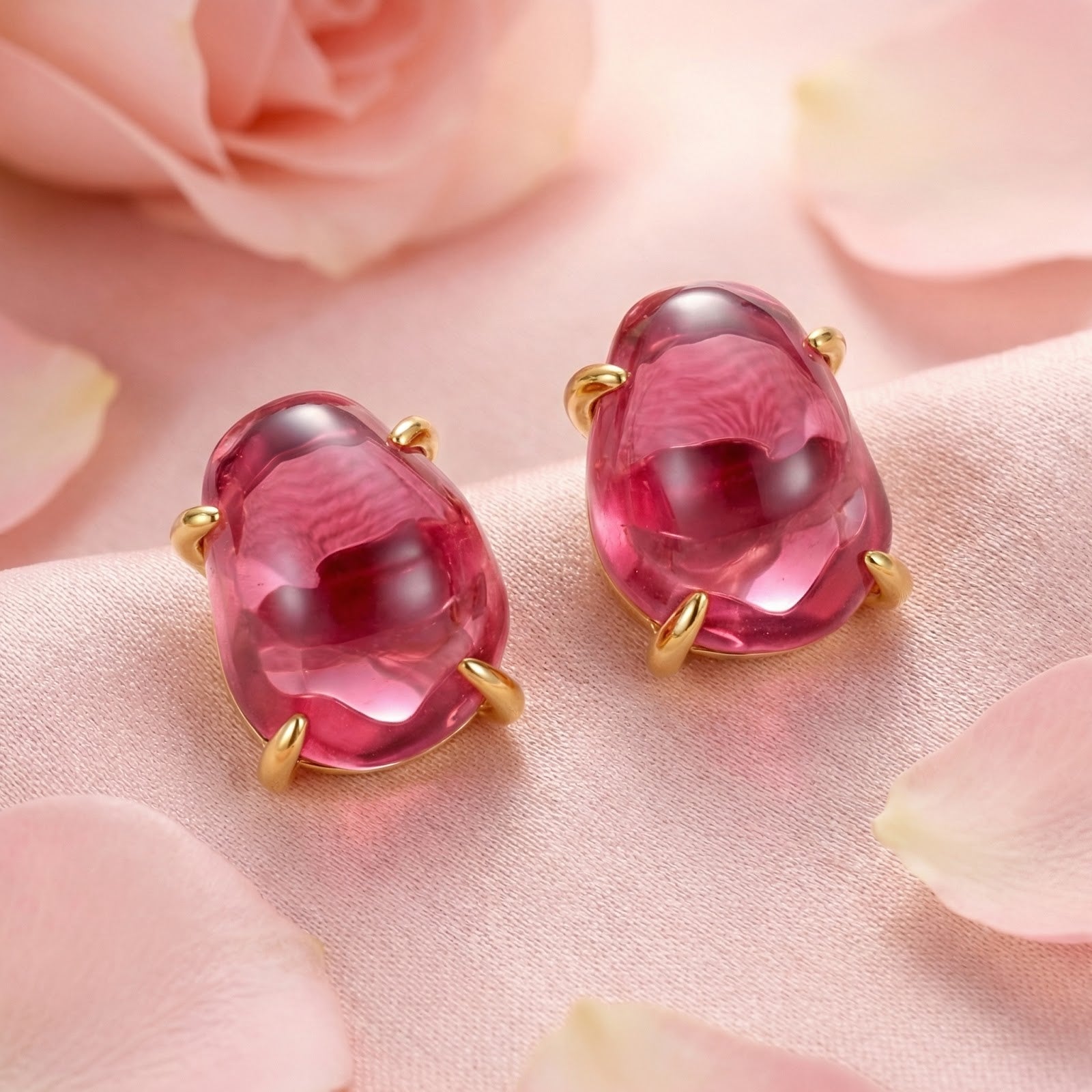 Angled view of teardrop simulated pink tourmaline stud earrings in 18K gold vermeil on pink silk with petals.