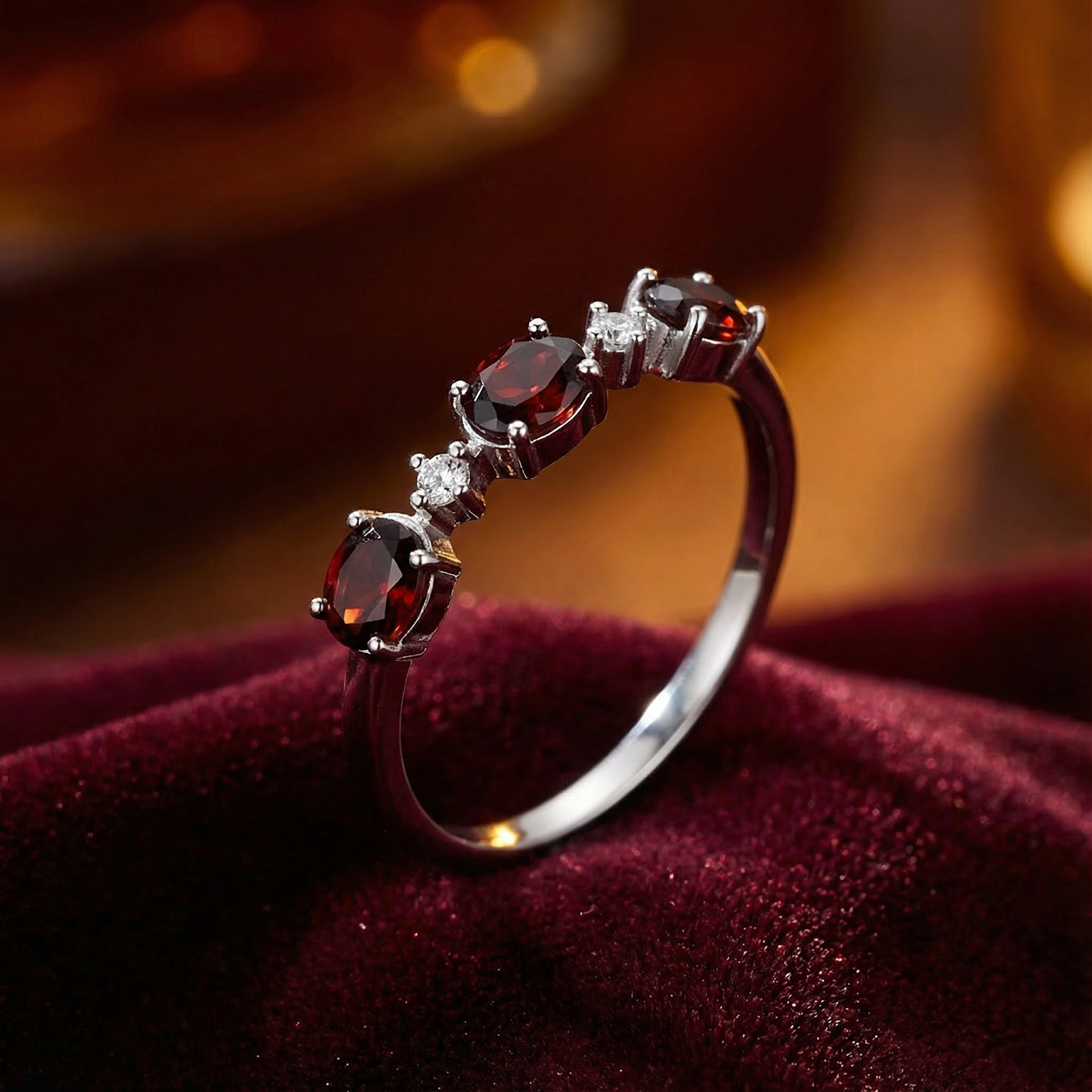 Angled macro shot of the S925 sterling silver bypass ring with round red garnets and clear accents.