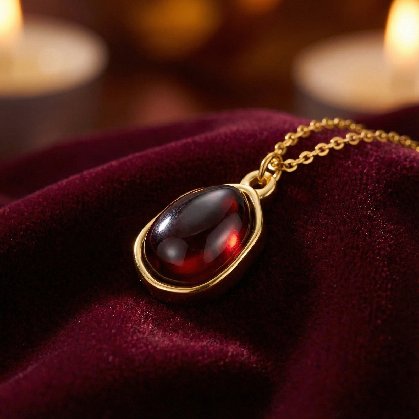 Macro detail of the teardrop cut simulated garnet pendant in a gold finish setting on red velvet.