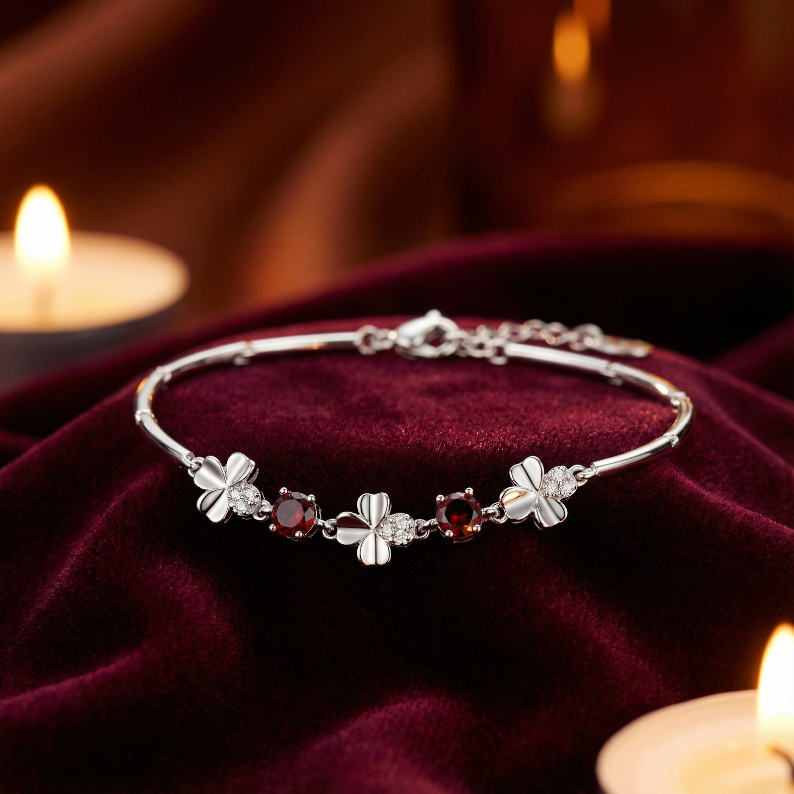 S925 sterling silver clover bracelet with red simulated garnets and adjustable clasp on a plush red velvet surface.