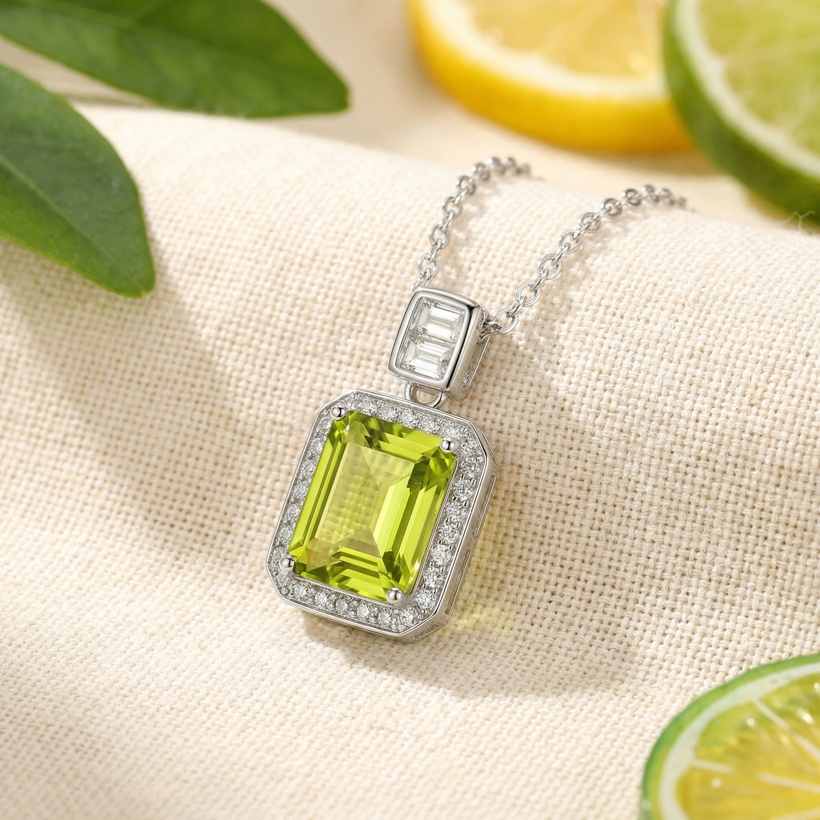 Emerald-cut simulated peridot pendant in sterling silver on textured fabric with lime and lemon slices.