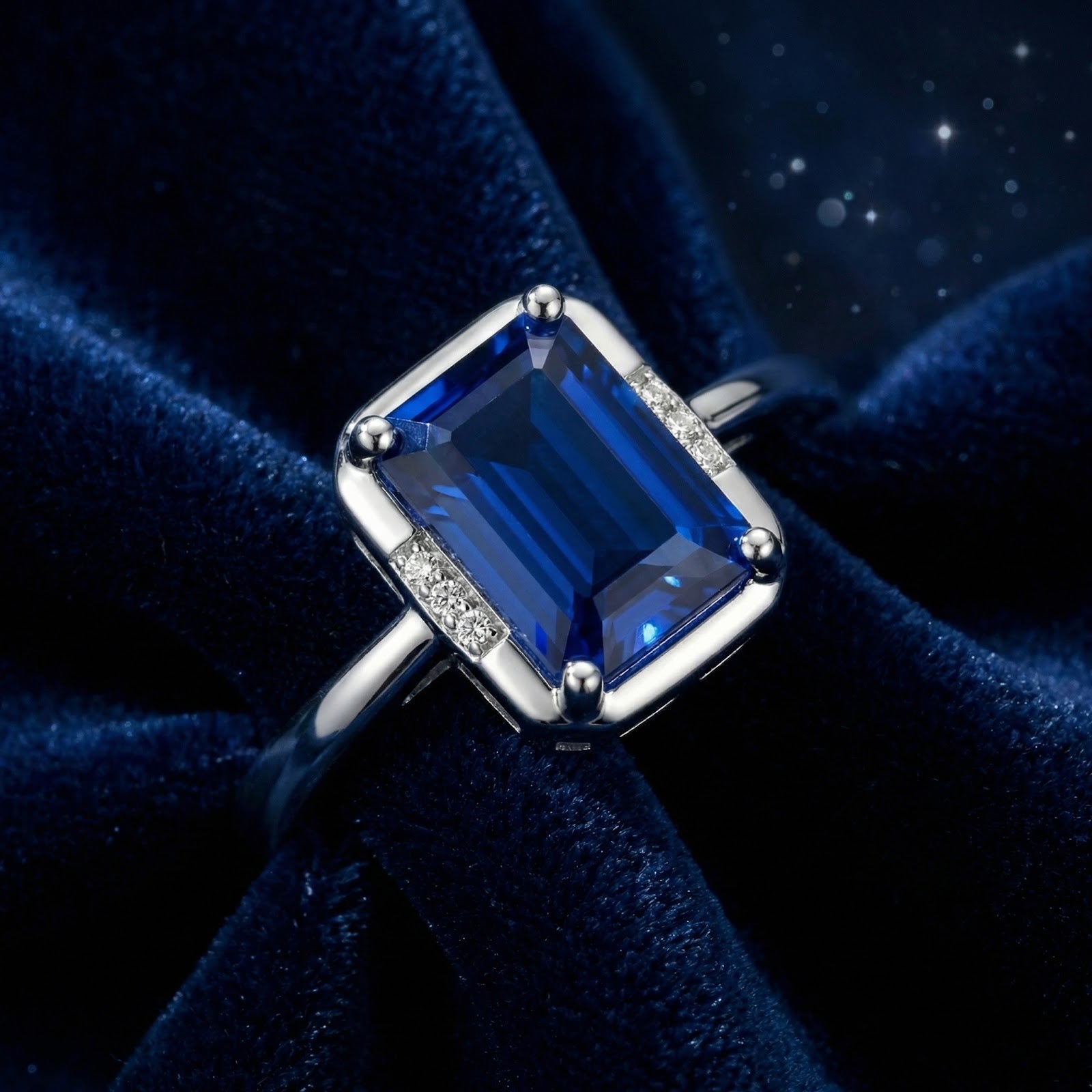 Macro view of an emerald cut royal blue simulated sapphire set in a sterling silver ring with side accents.