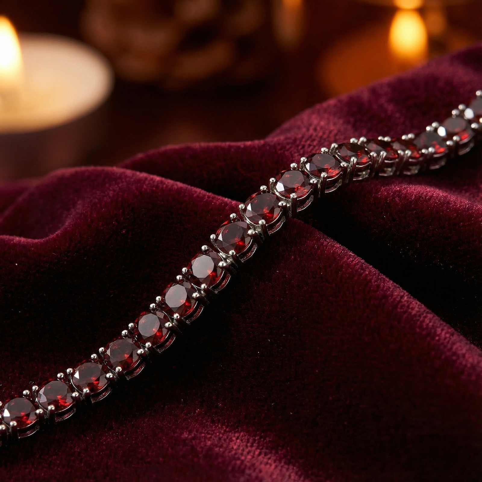 Macro view of round-cut red simulated garnets in a stainless steel tennis bracelet setting.