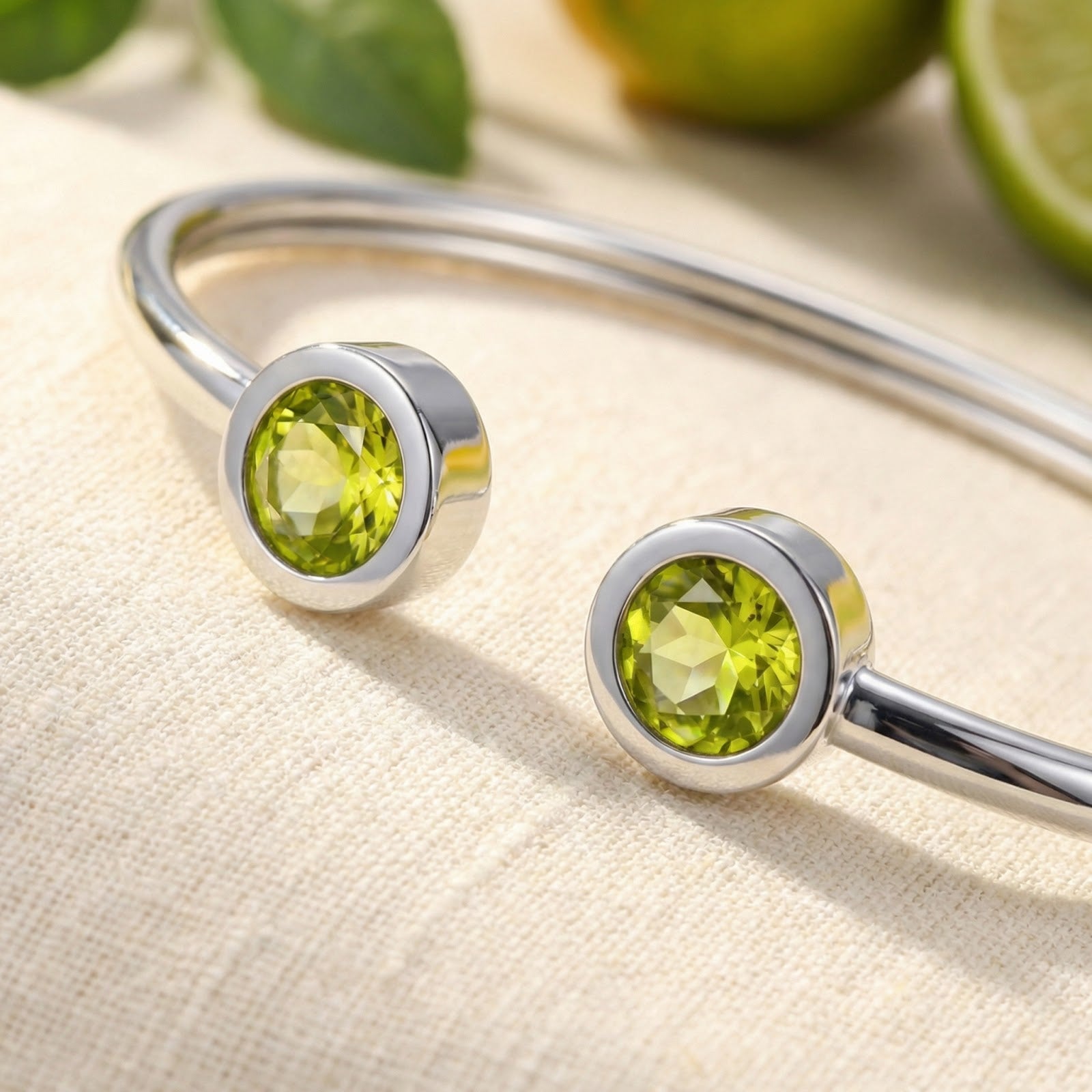 Close-up of the round-cut simulated peridots on the silver stainless steel Peridara open cuff bracelet.