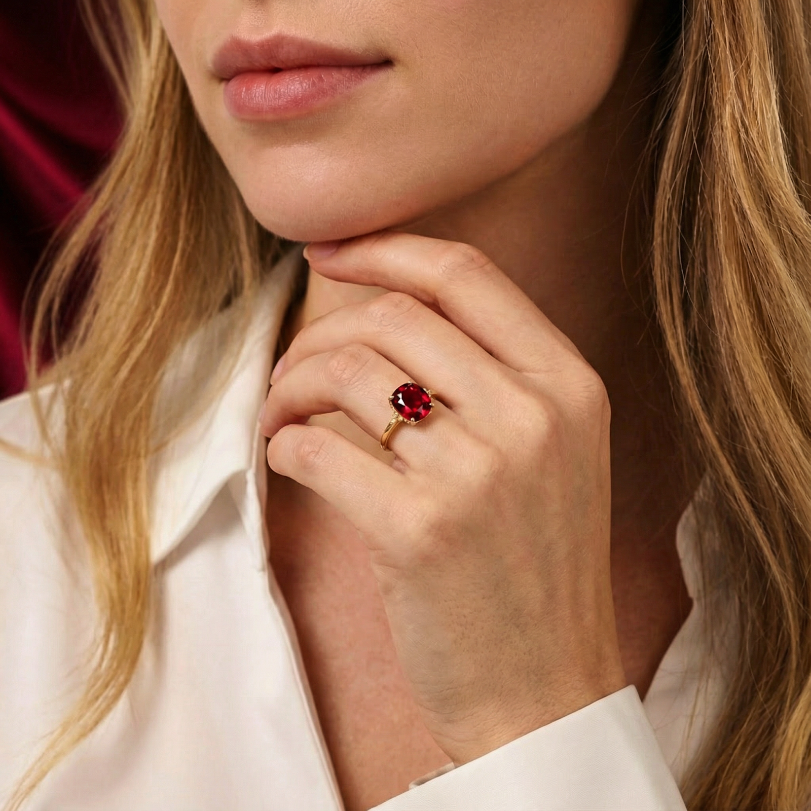 Model wearing a cushion-cut simulated ruby ring in 18K gold vermeil against a white shirt.
