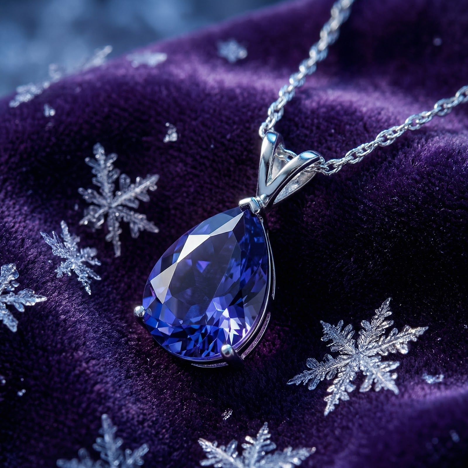 Macro detail of a 1.5CT pear-cut blue moissanite pendant in a sterling silver setting on purple velvet.