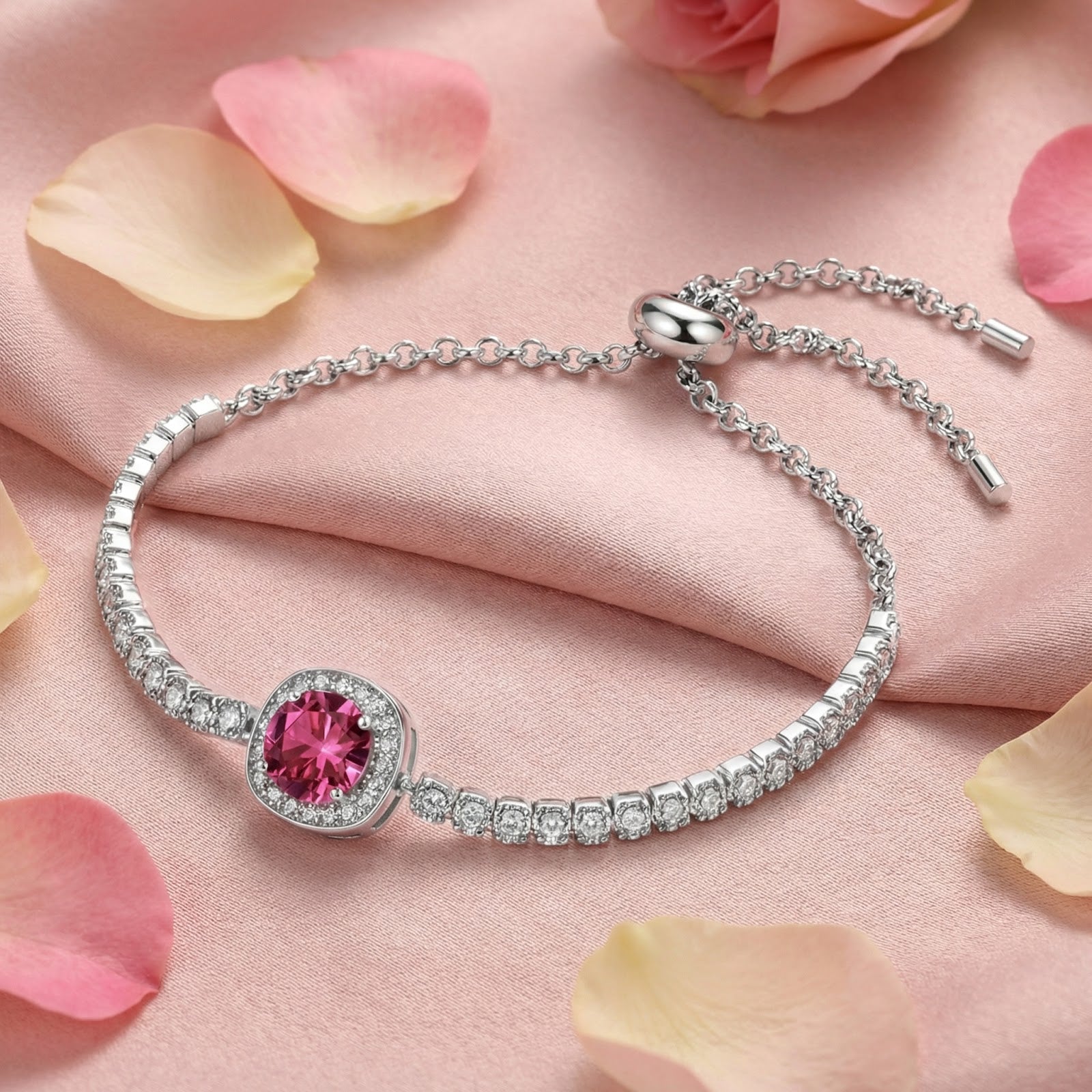Elianise halo bracelet in sterling silver with a pink tourmaline center on pink fabric with rose petals.