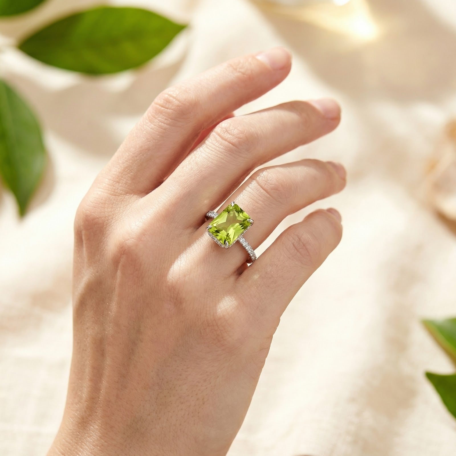 Radiant-cut simulated peridot silver ring worn on a finger to show size and scale on a hand.