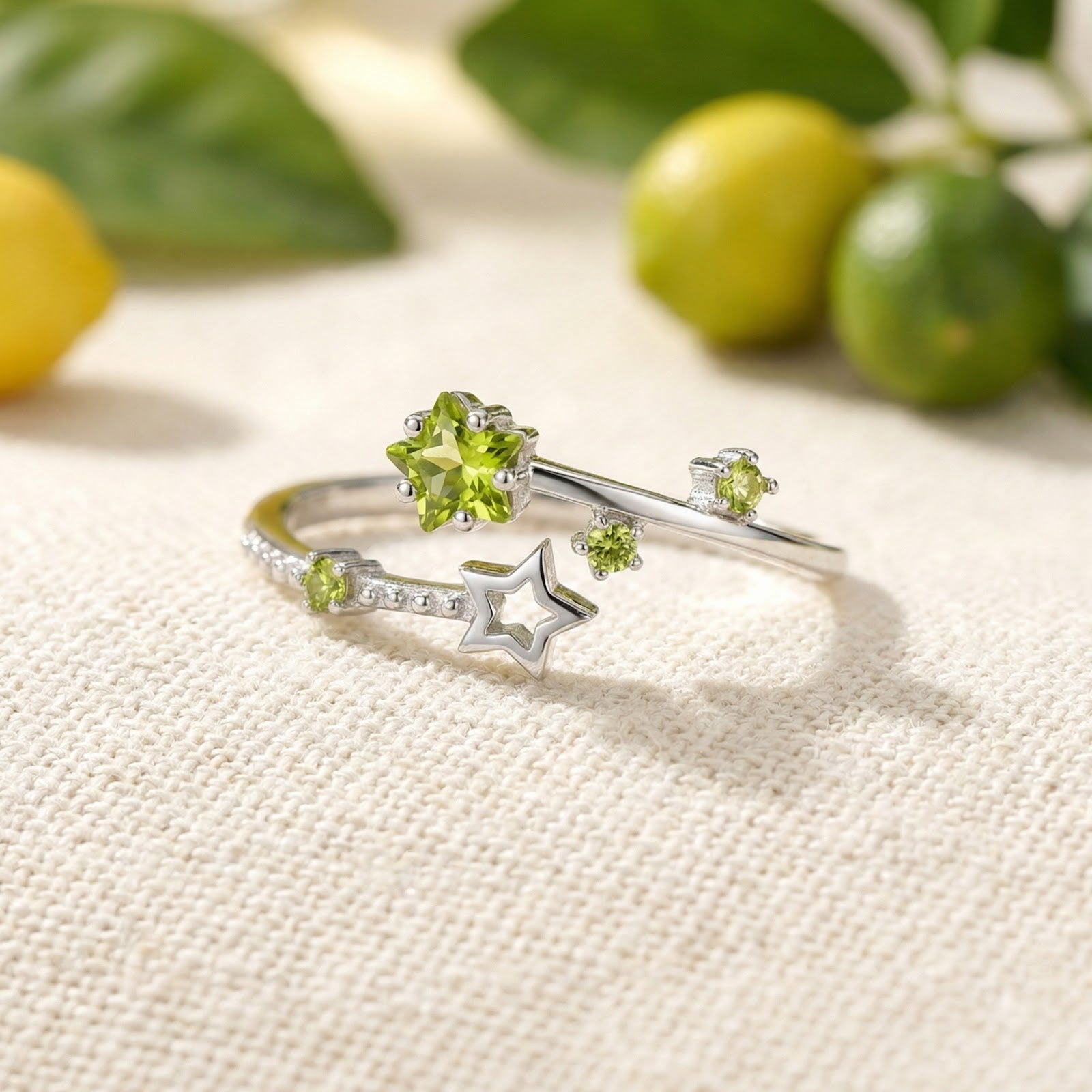 Stellina star bypass ring in sterling silver with star-cut simulated peridot on a white surface with lemons.