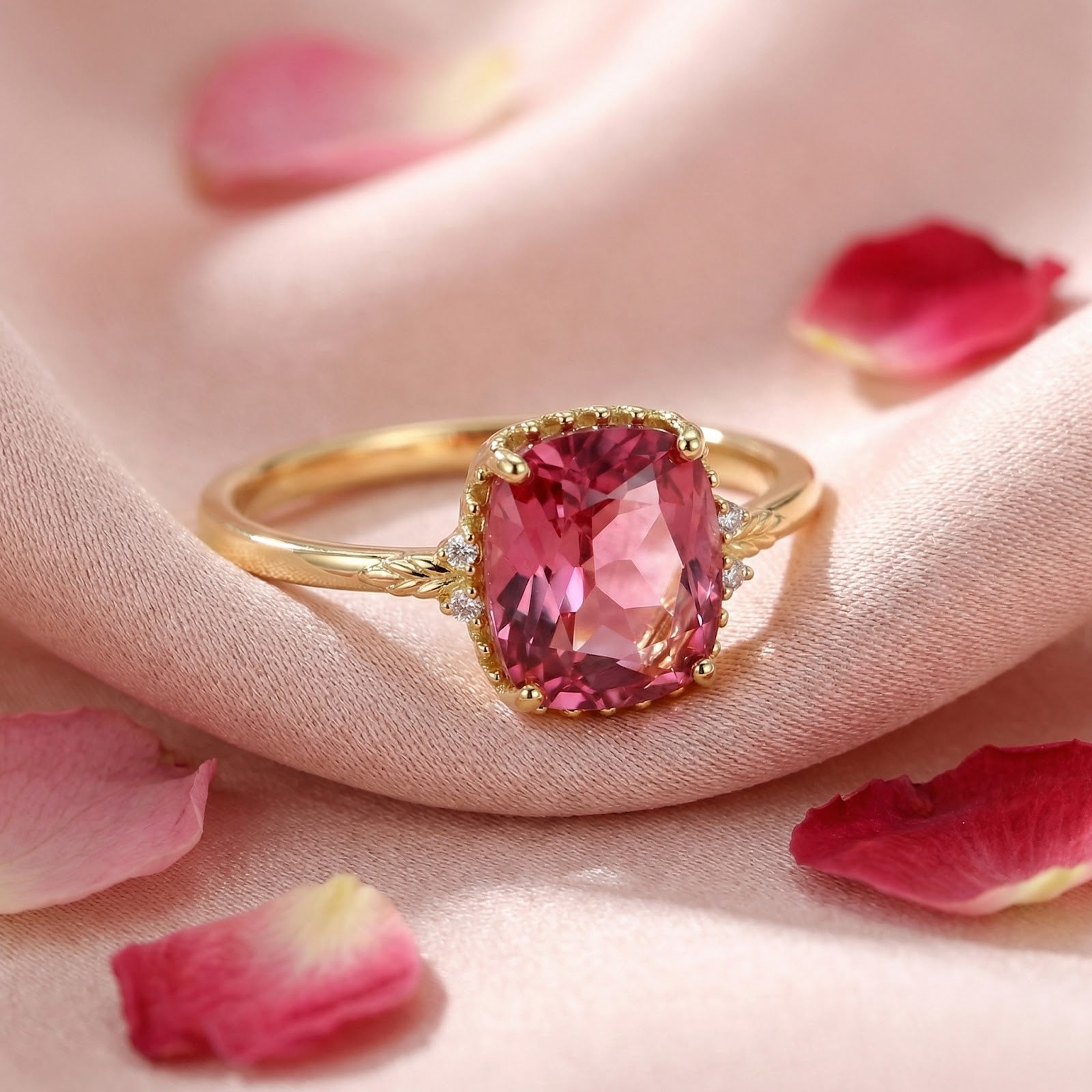 Cushion cut simulated pink tourmaline ring in 18K gold vermeil resting on pink silk with rose petals.
