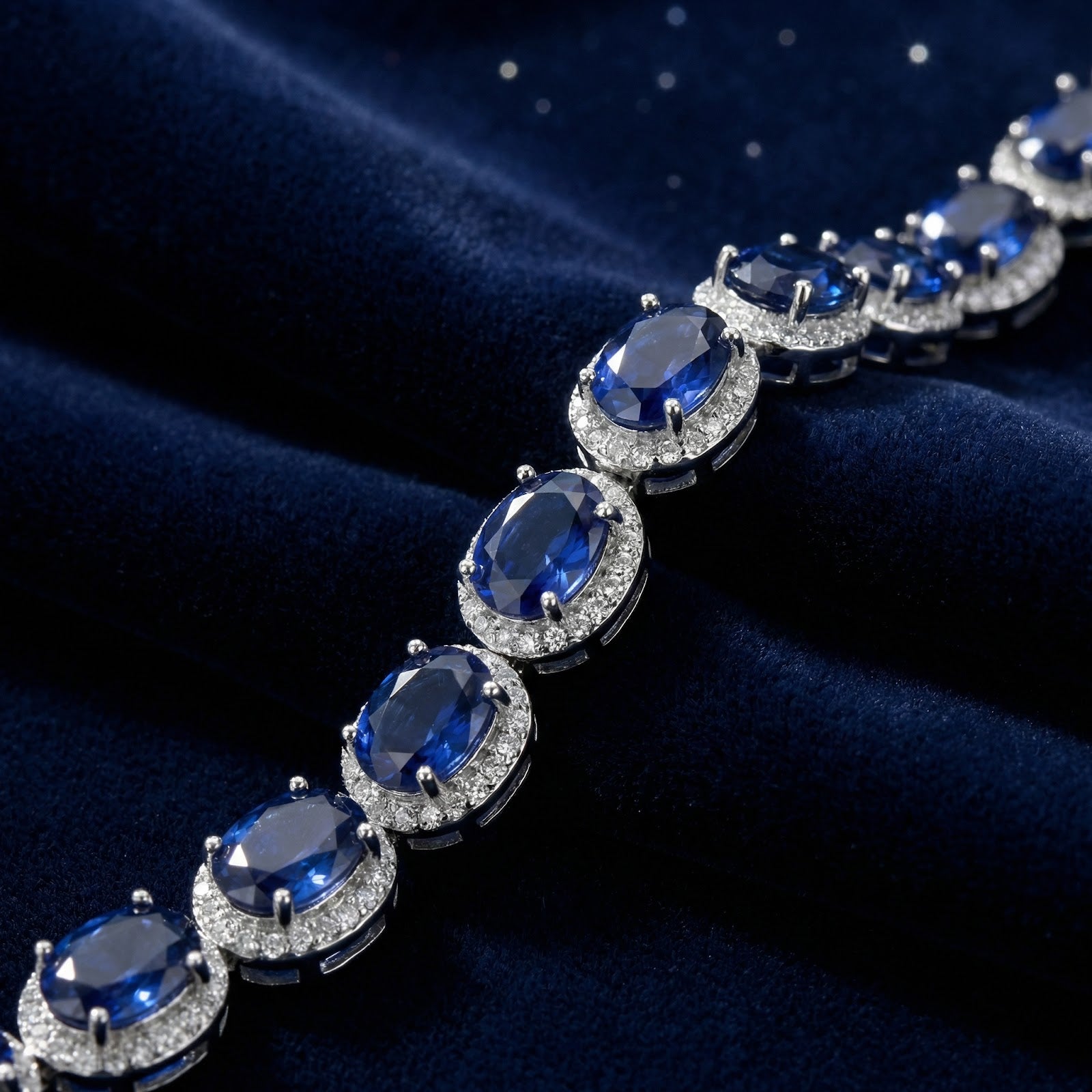 Close-up of oval-cut simulated sapphire stones and halo settings on a silver bracelet.