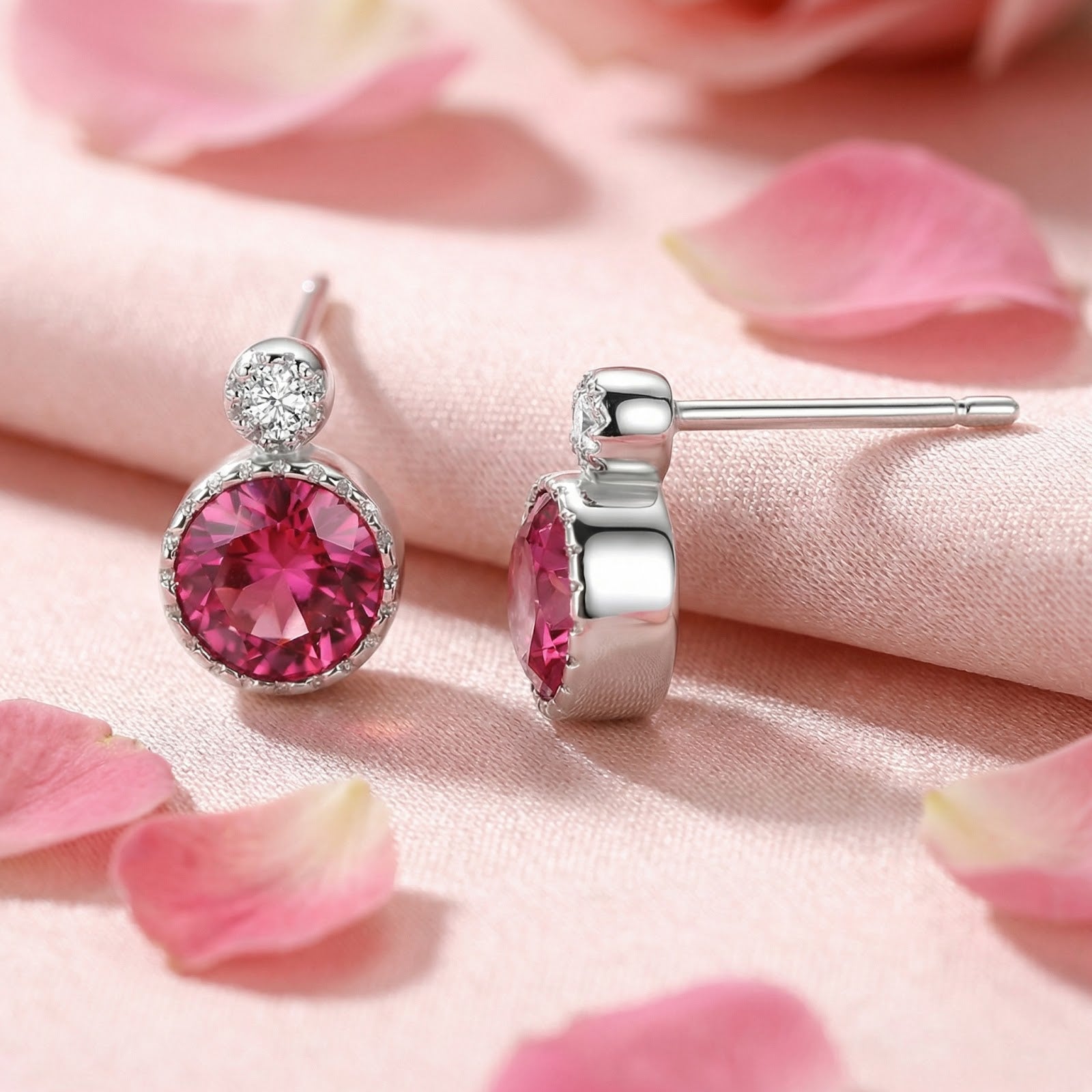 Detail of round pink tourmaline stud earrings in sterling silver showing the side profile and secure post.