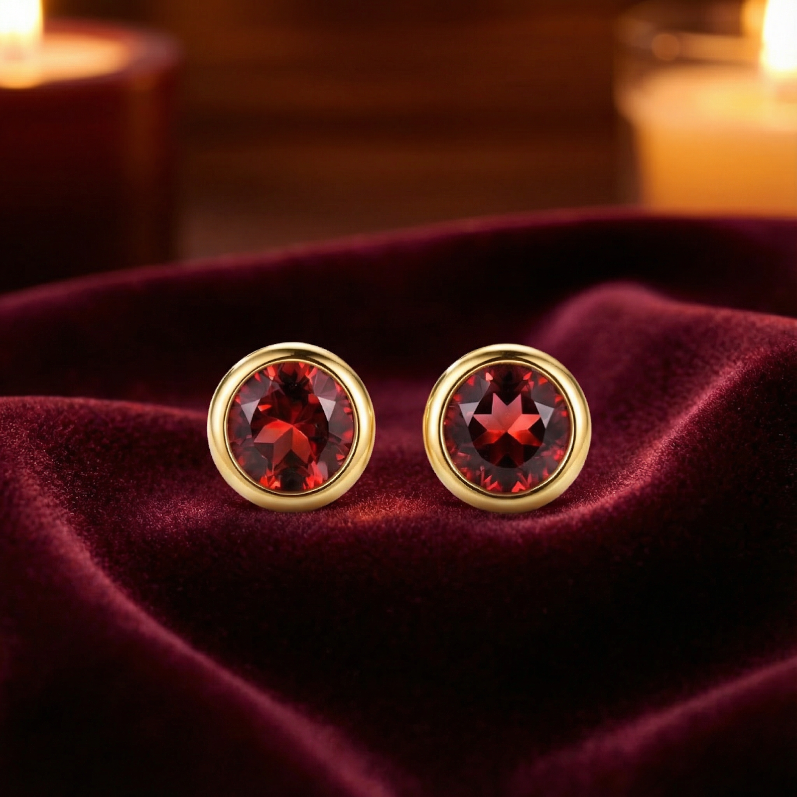 Front view of round precision-cut red simulated garnet stud earrings in 18K gold vermeil bezel settings on velvet.