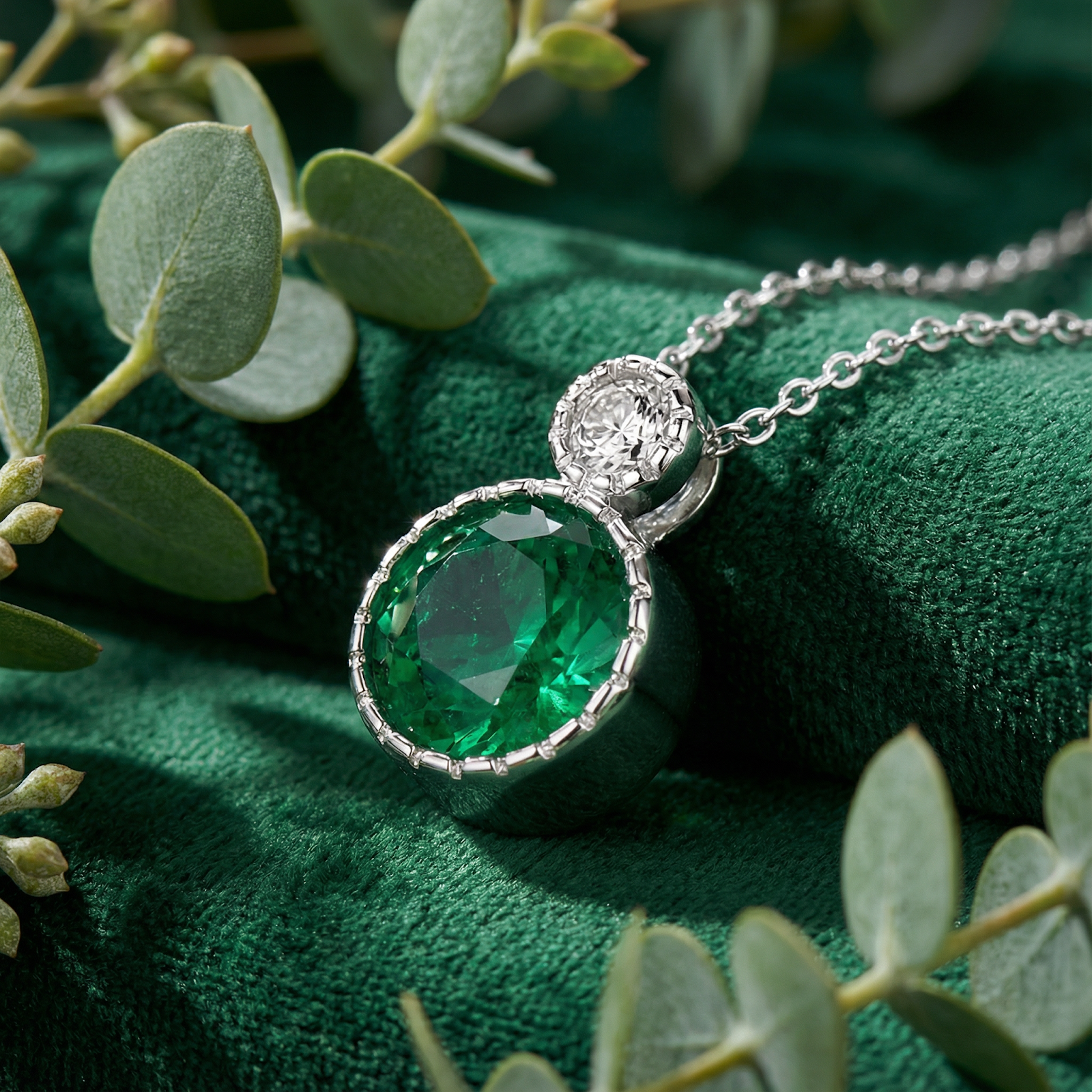 Close-up of a round simulated emerald pendant in a sterling silver milgrain setting on green velvet.