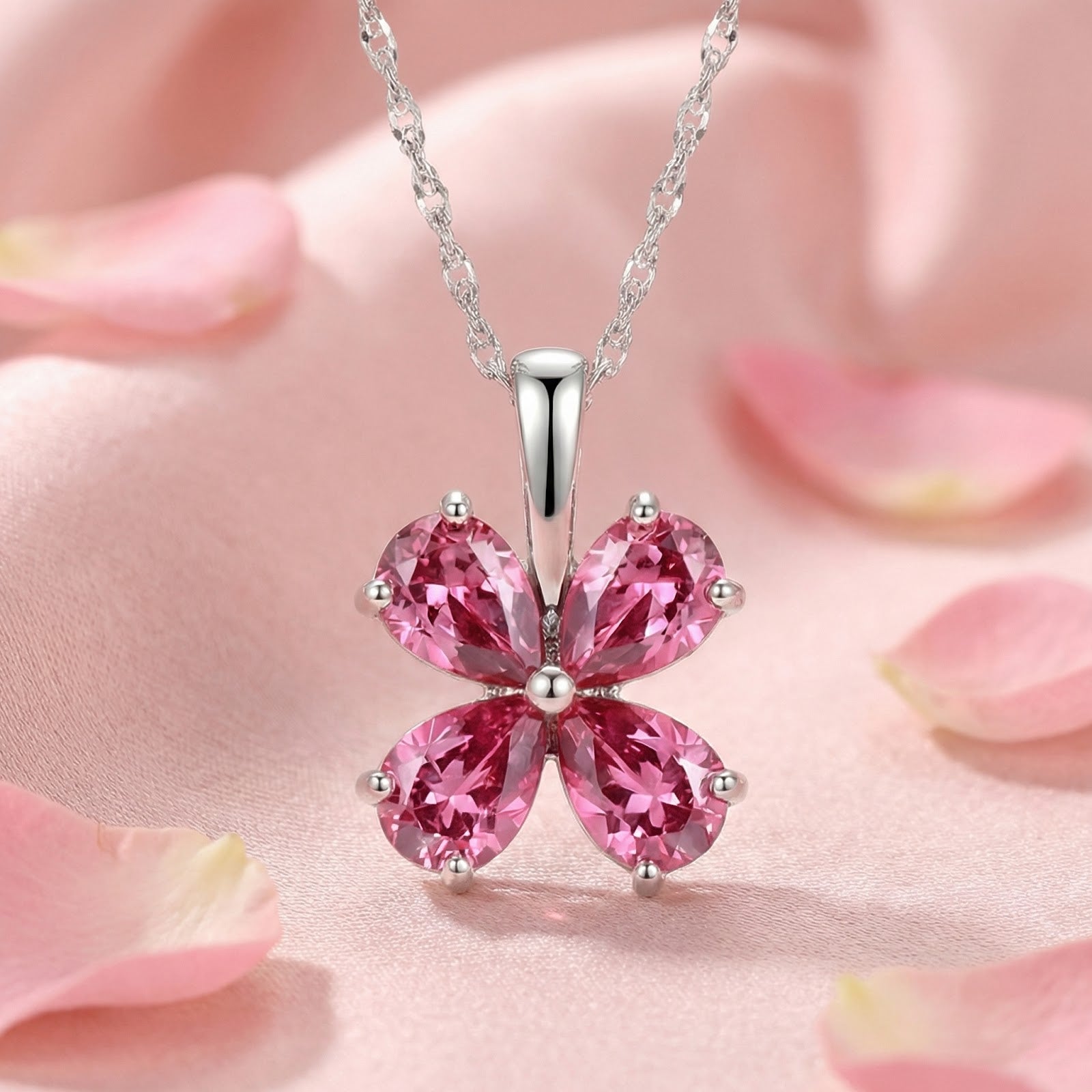 Petalina flower necklace in S925 sterling silver with pear-cut pink tourmalines on a pink petal background.